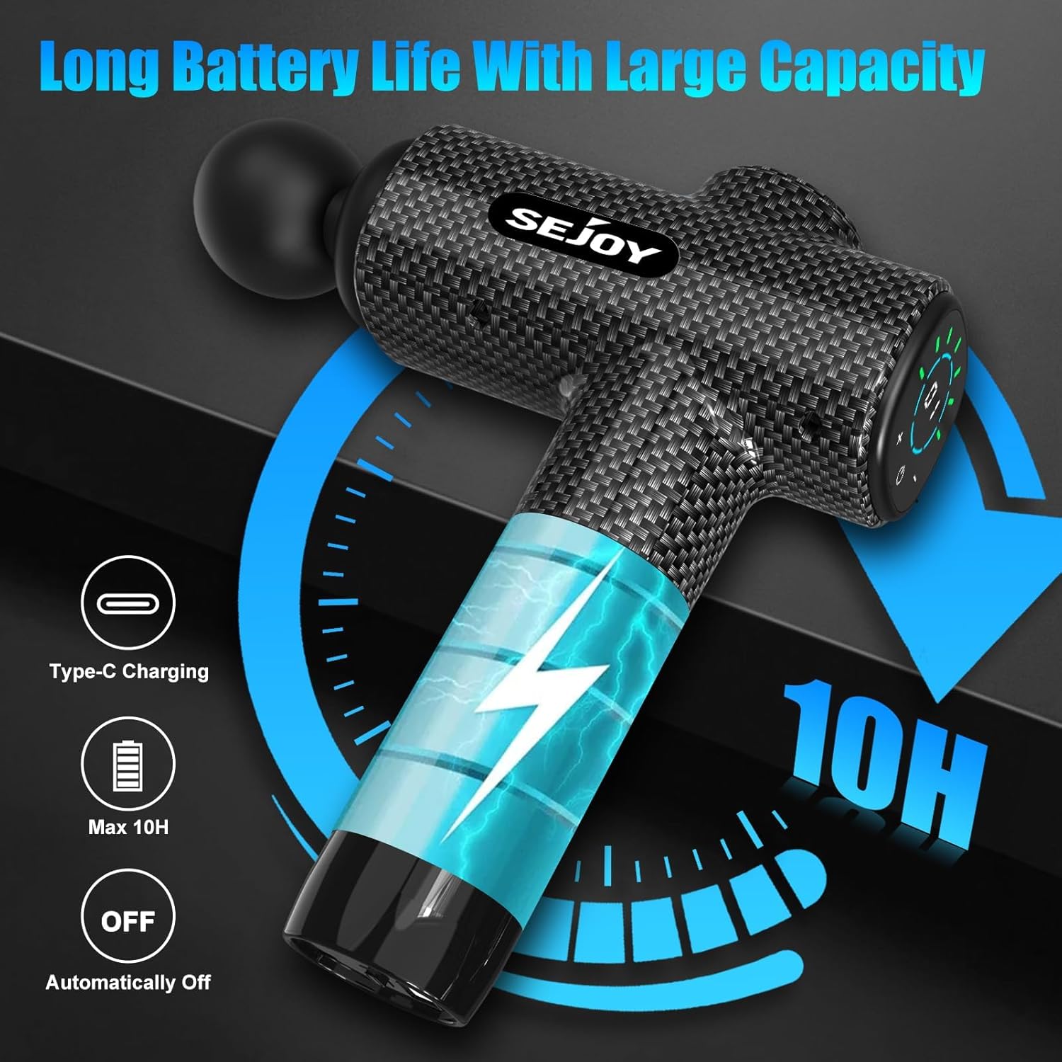 LCD screen of the massage gun showing speed display, power button, and plus/minus buttons for speed adjustment. A diagram shows speed ranges from 1-5 for muscle activation to 26-30 for professional mode.