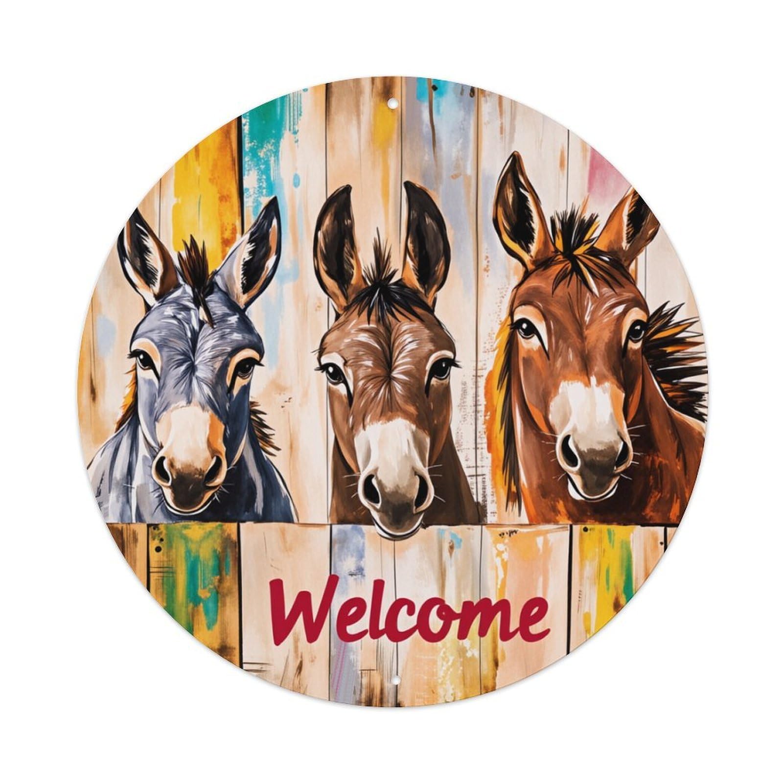Colorful Donkeys Background Welcome Sign Round Tin Sign Retro Metal Sign for Cafe Bar Pub Home Game Room Gym Club Wall Decoration Vintage Metal Poster 8x8 Inch