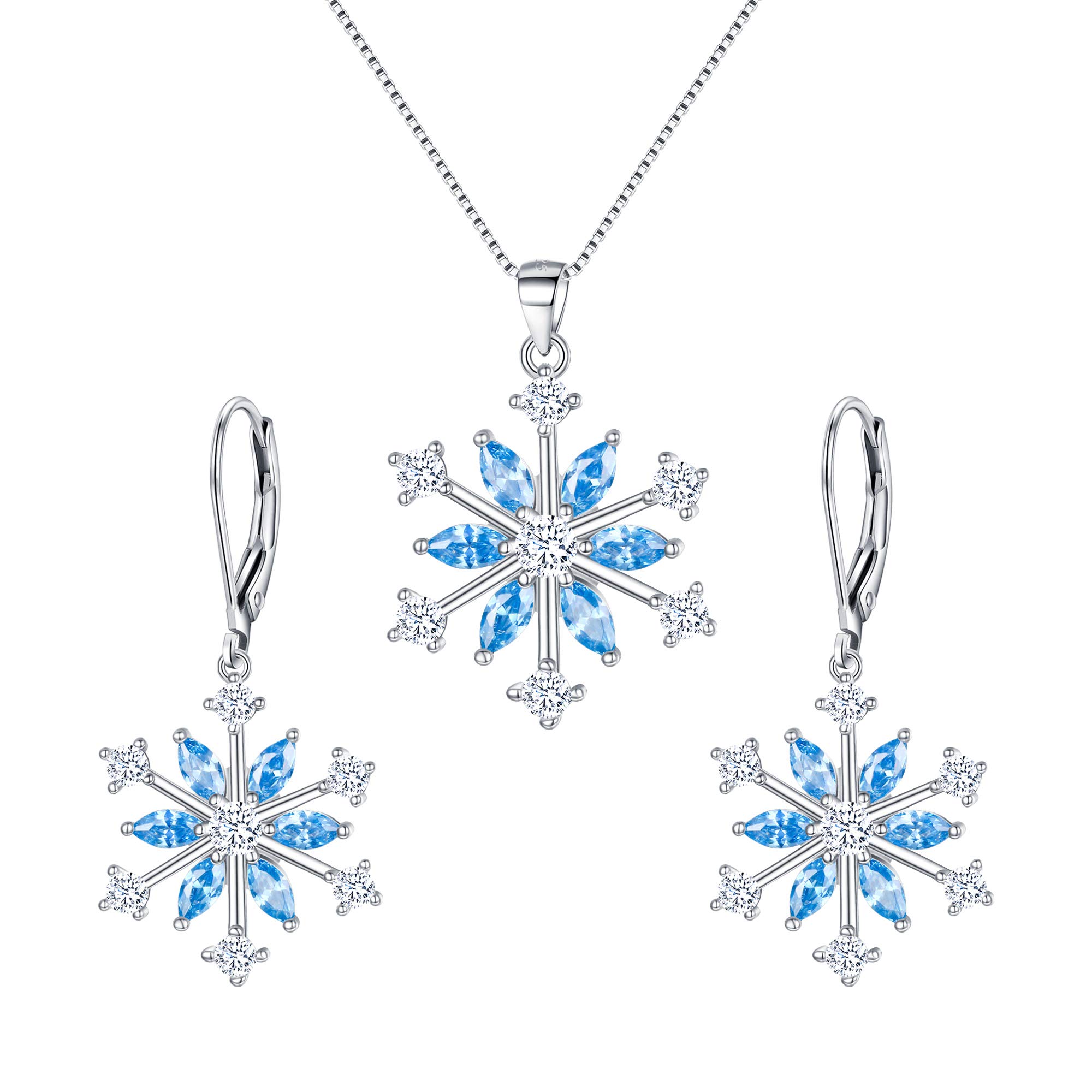 EVER FAITH Schneeflocke Schmuckset Sterling Silber Zirkon Winter Snow Weihnachten Halskette und Leverback Ohrringe Set
