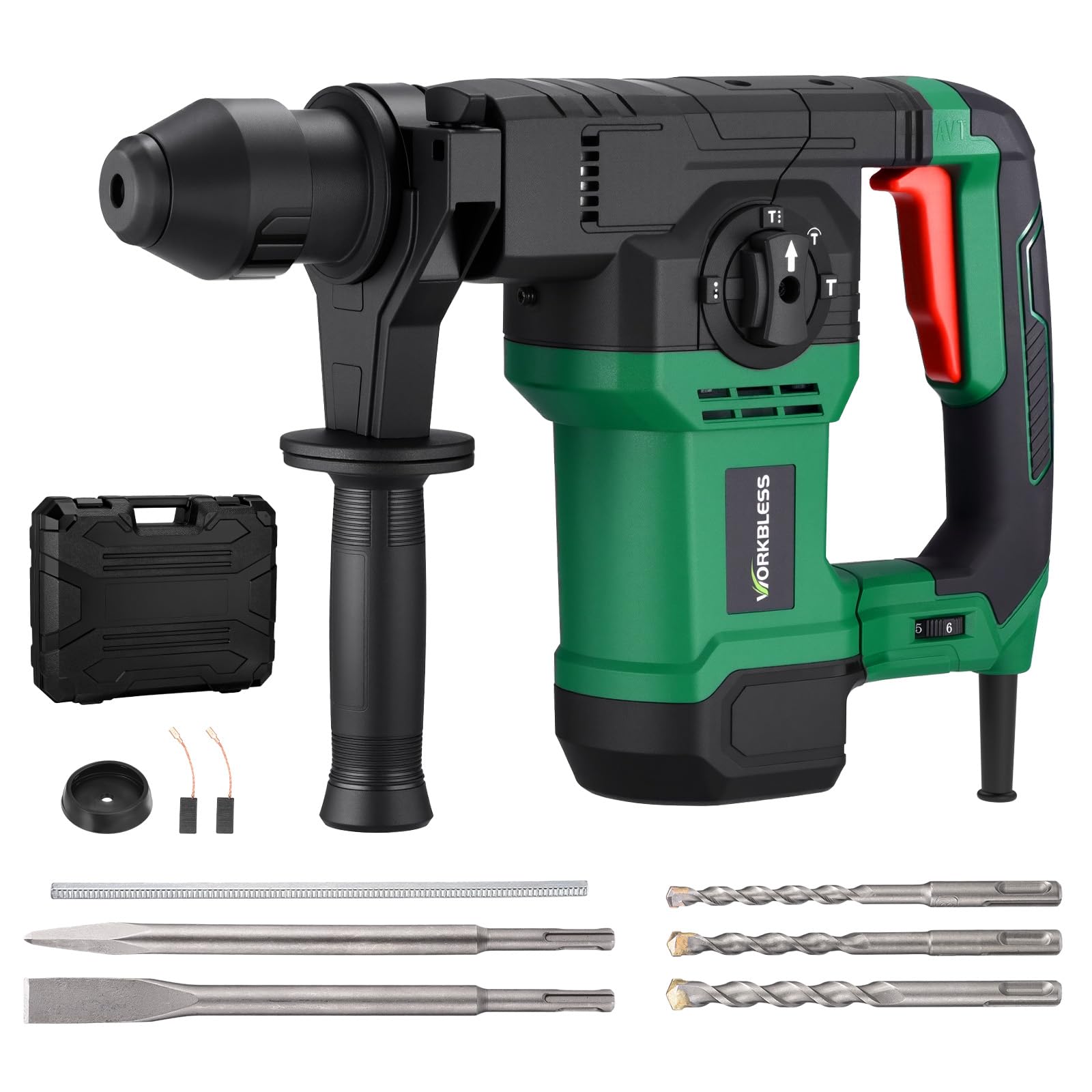 SDS-Plus - Taladro de martillo rotativo de 1-1/4 pulgadas, 13 AMP, versión ligera con cable para astillado de demolición de hormigón, 5 brocas SDS-Plus, 7J