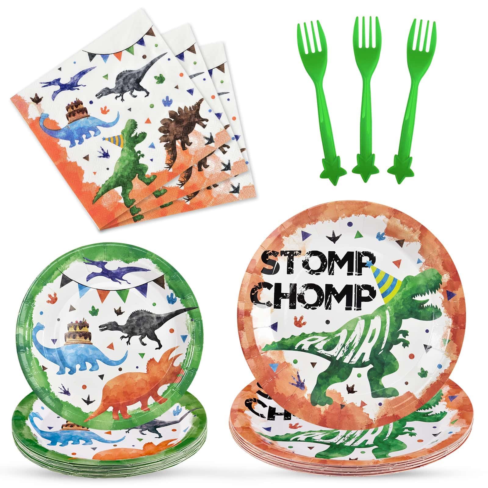 WERNNSAI Dinosaur Party Decorations - 64 PCS Dinosaur Plates Napkins and Forks Set Boys Birthday Party Decorations for Kids Baby Shower Dino Theme