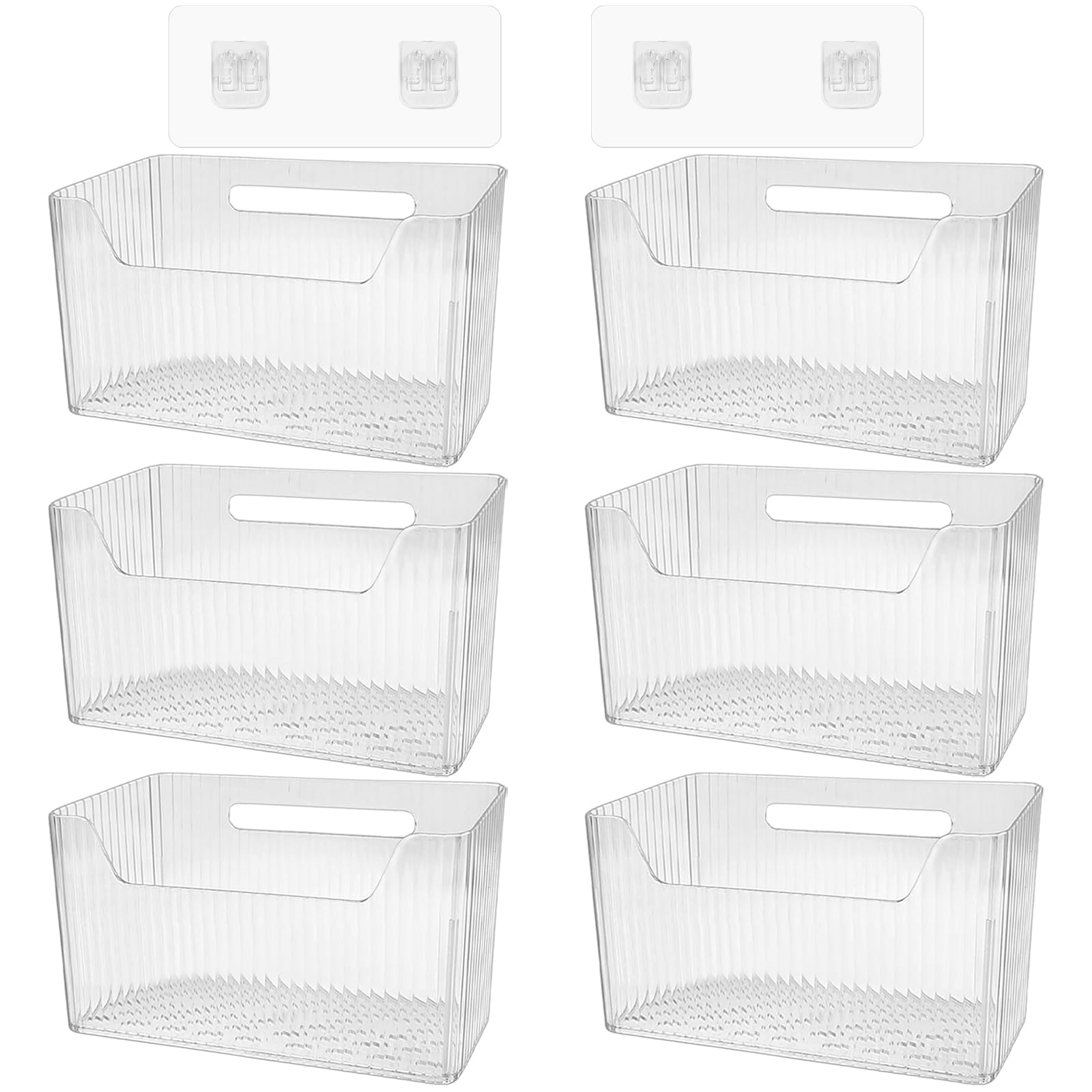 6Pcs Storage Organizer Bins Wall Mounted Organizer Basket Large Size Clear Plastic Makeup Organizer Adhesive Hanging Bin for