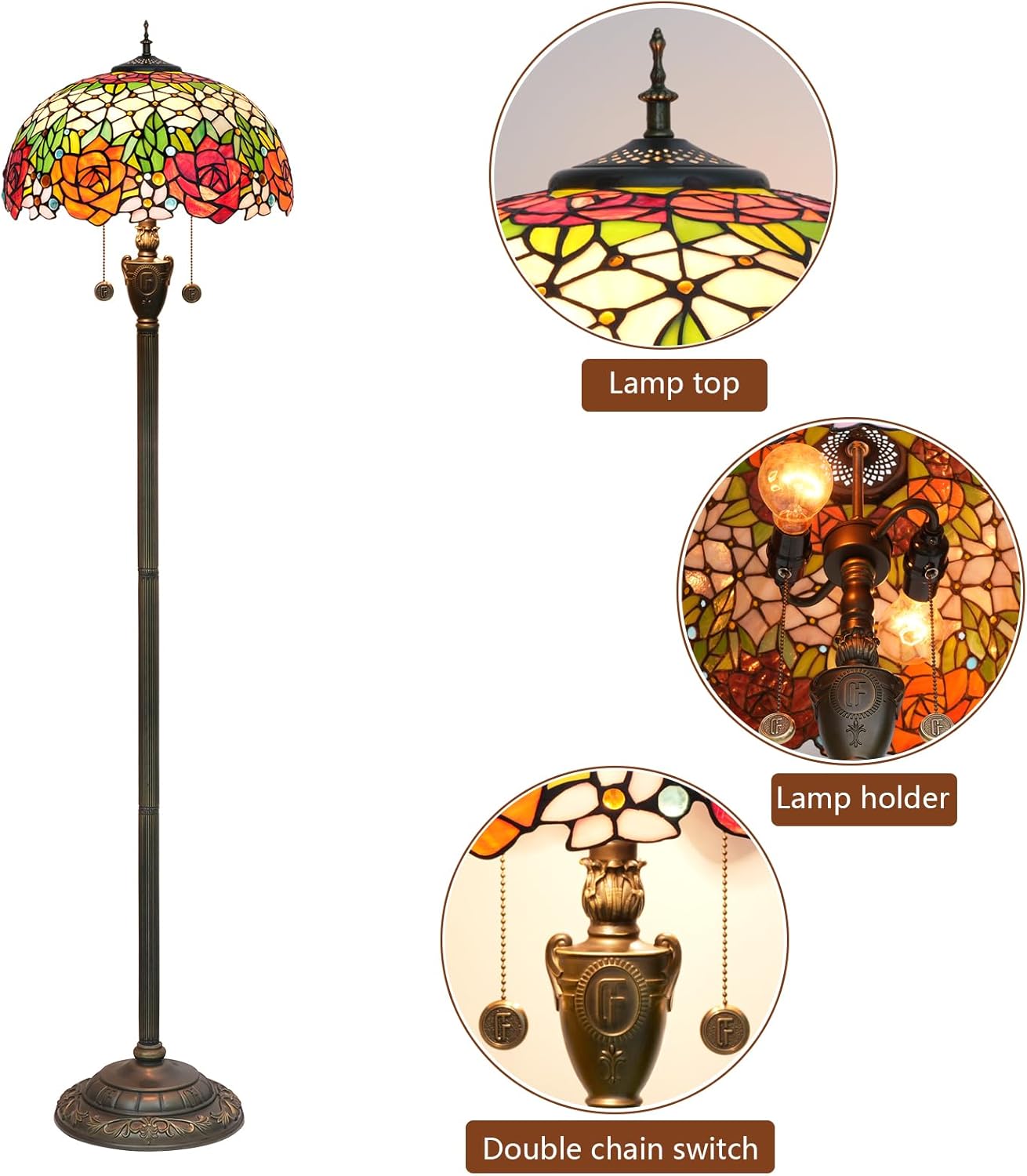 Tiffany Floor Lamp Rose Flower Stained Glass Standing Reading Light 16 Inches Antique Pole Corner Lamp Decor Bedroom Living Room Home Office