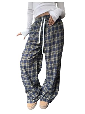 MakeMeChic Womens Plaid Wide Leg Pajama Pants Elastic Waist Long Trousers Loungewear