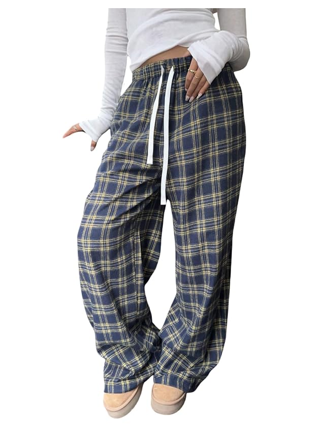 MakeMeChic Womens Plaid Wide Leg Pajama Pants Elastic Waist Long Trousers Loungewear