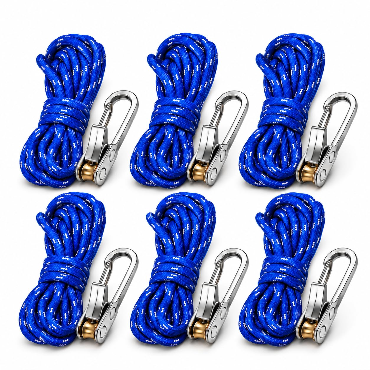 6Pcs Tent Guy Ropes with Metal Pulley Tensioners, Quick Adjust Ratchet Carabiner & Heavy Duty Paracord Set for Camping, Tarps, Awnings and Garden Gazebos