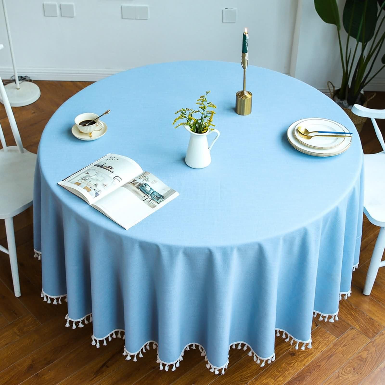 Mantel Lavable Redondo Azul Claro, Color Sólido con Borlas, de Algodón y Lino Elegante, 240 cm, Mantel para Jardín y Terraza