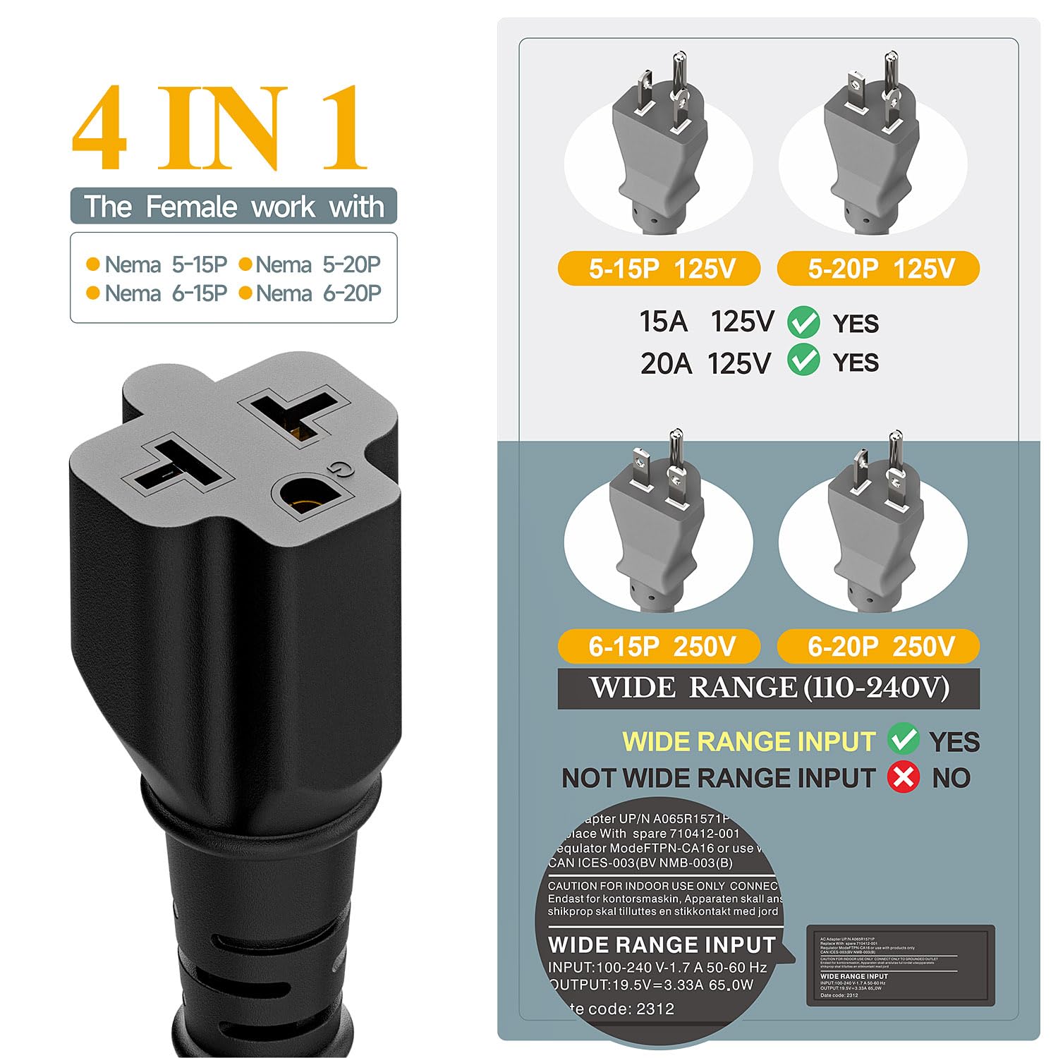 Nema 6-20P Male To Nema 6-15/20R Female AC Adapter – 20A 250V To 15A 250V, Indoor/Outdoor, TLDPLUG