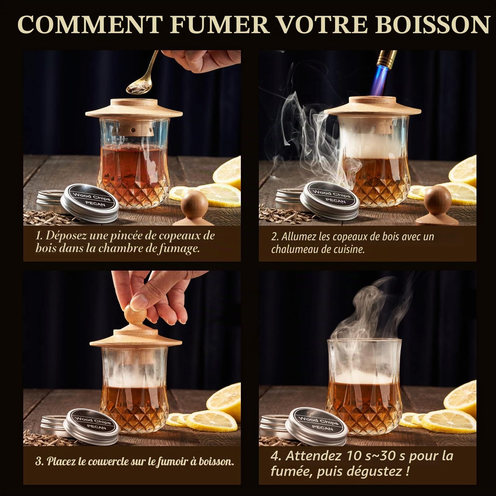 Kit Whisky Smoker – Coffret Old Fashioned Cocktail avec 6 copeaux de bois, 4 pierres à whisky en granit, brûleur & accessoires pour amateurs de cocktails et de whisky (sans Butane)