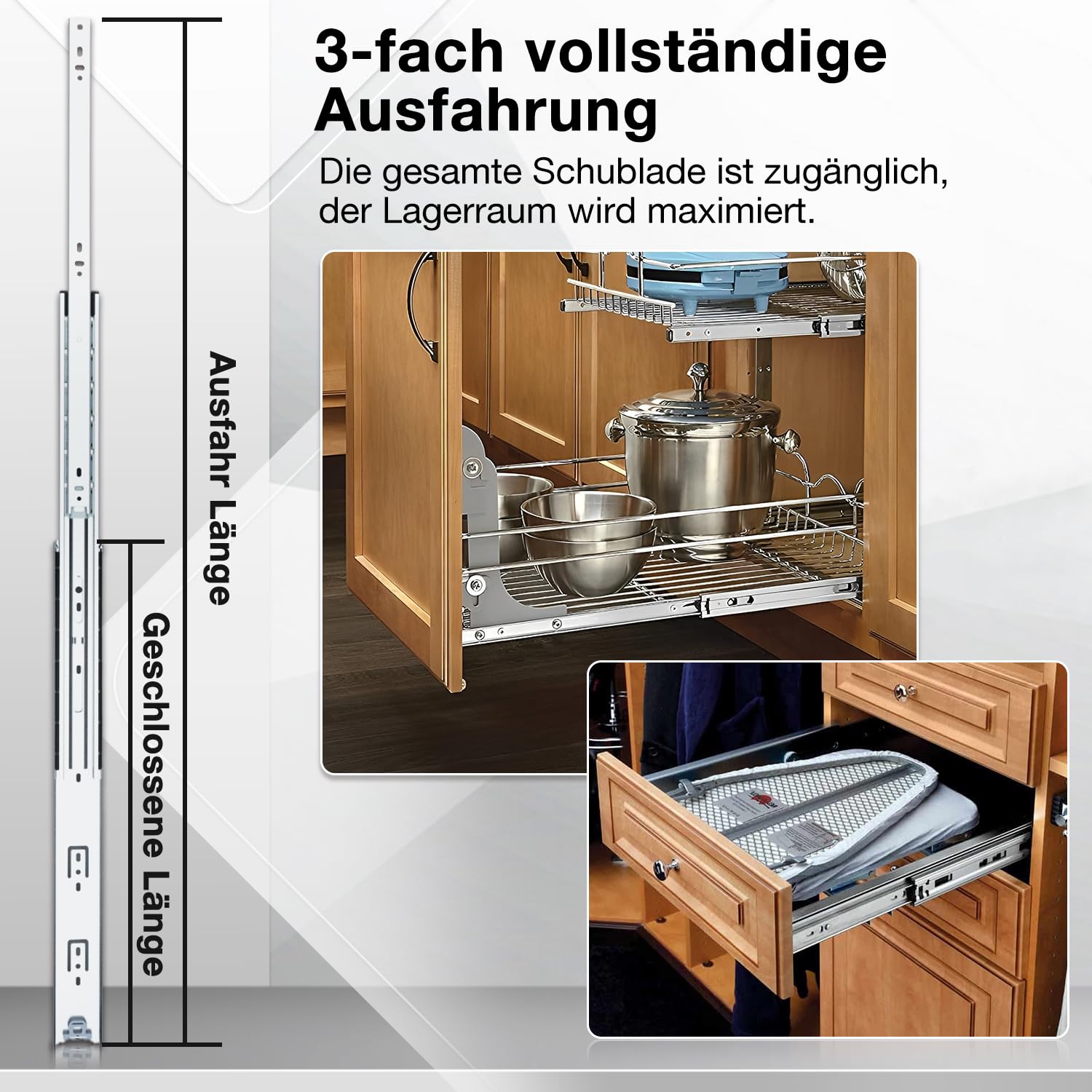 Strapazierfähige Schubladenschienen, Vollauszugschienen, 30,5 cm, 35,6 cm, 40,6 cm, 40,6 cm, 50,8 cm, 52,2 cm, 26 cm, 28 cm, 30 cm, 32 cm, 34 cm, 91,4 cm, 96,5 cm, 1 Paar