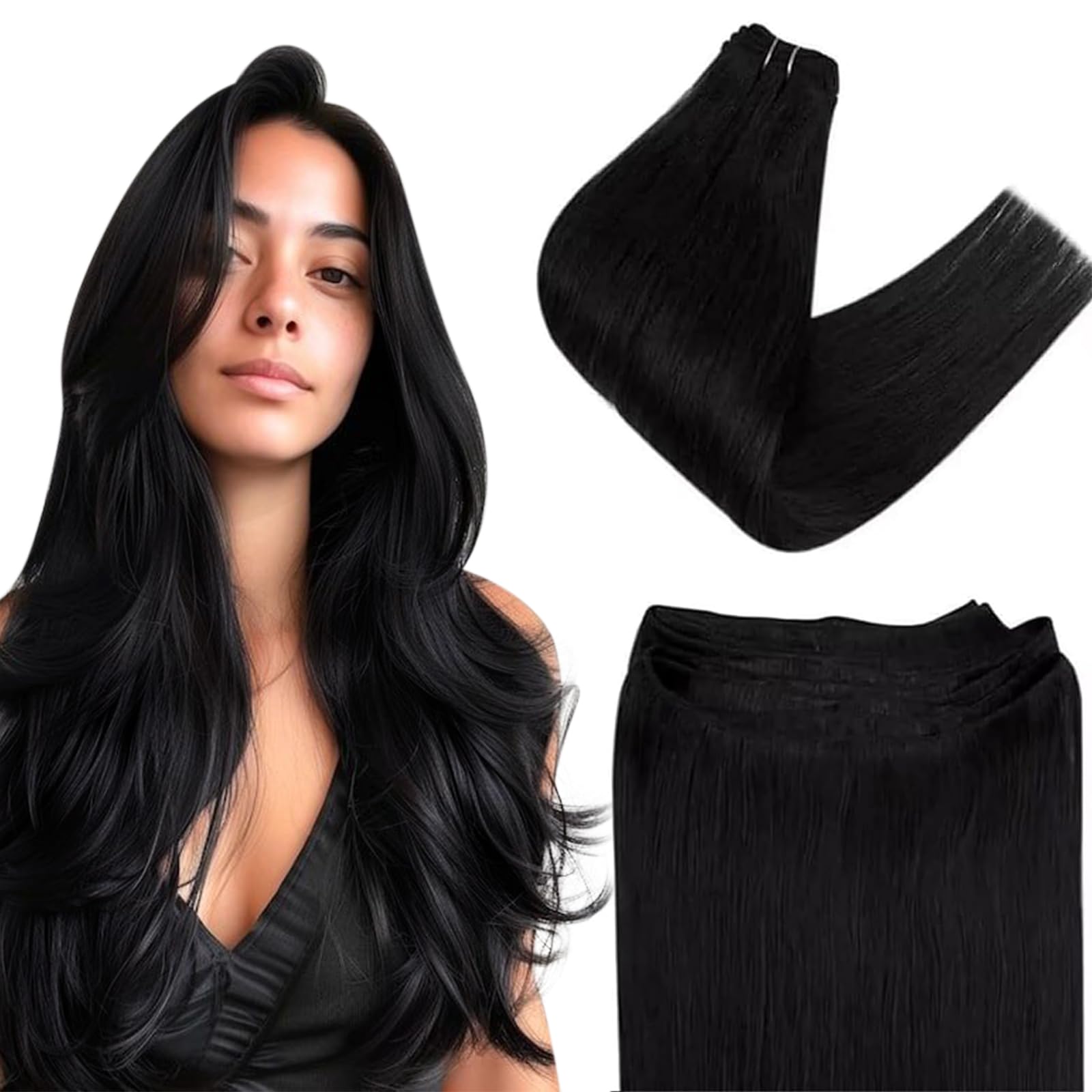 Easyouth Weft Hair Extensions Real Human Hair Black Sew in Hair Extensions Real Human Hair Jet Black Double Weft Human Hair Extensions 24 Inch 100g