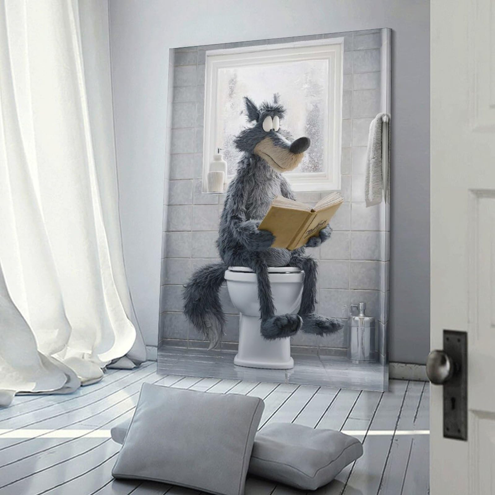 Junmoney Decorative Canvas Print Wolf Reading on Toilet, 20x30inch(50x75cm), for Home Office, Desk Area Or Studio, Home Office Artwork with Decorative Appeal
