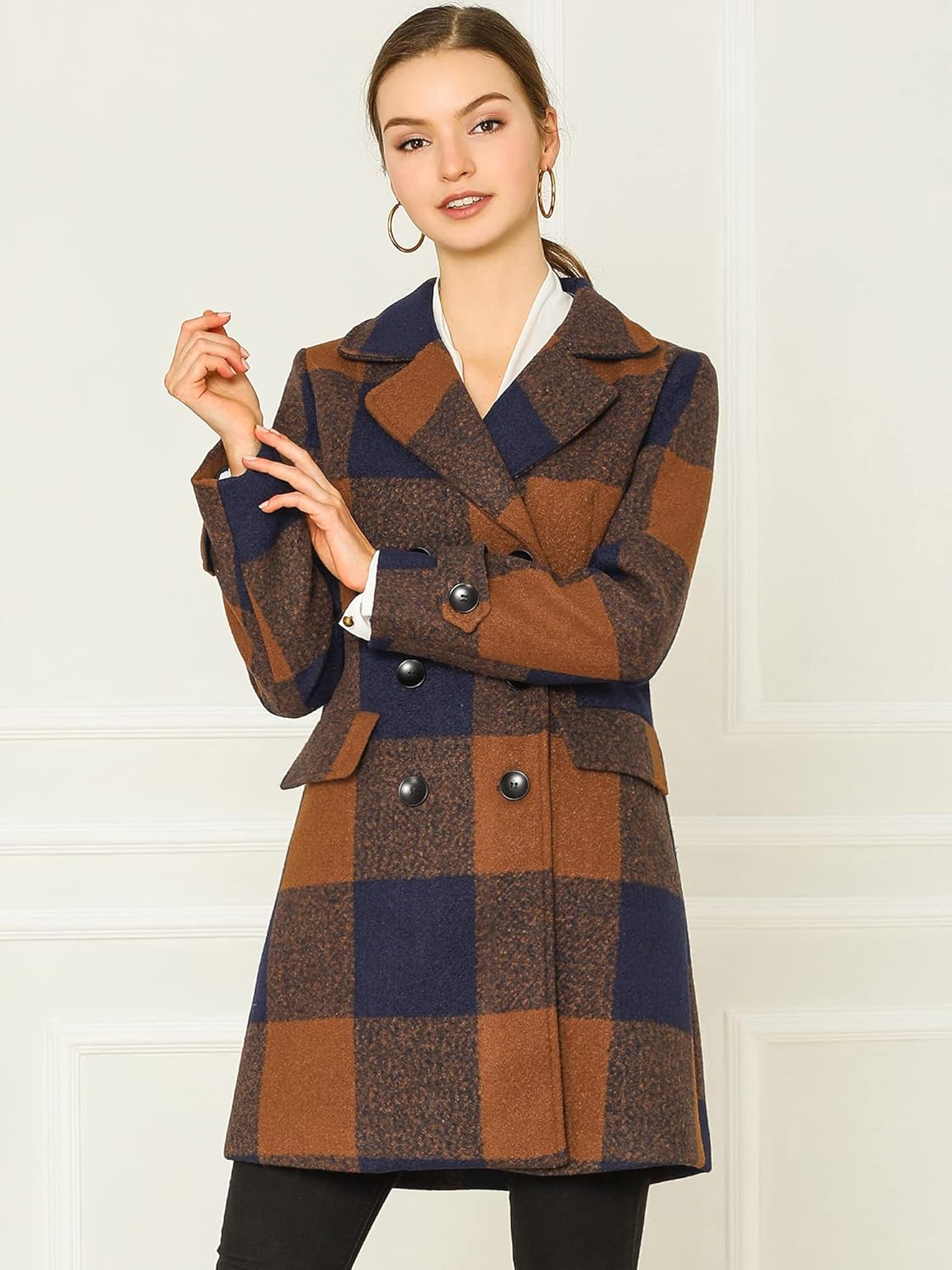 Allegra K Women's 2025 Winter Notched Lapel Pea Coat Classic Buffalo Checks Double Breasted Plaid Coat - Image 2