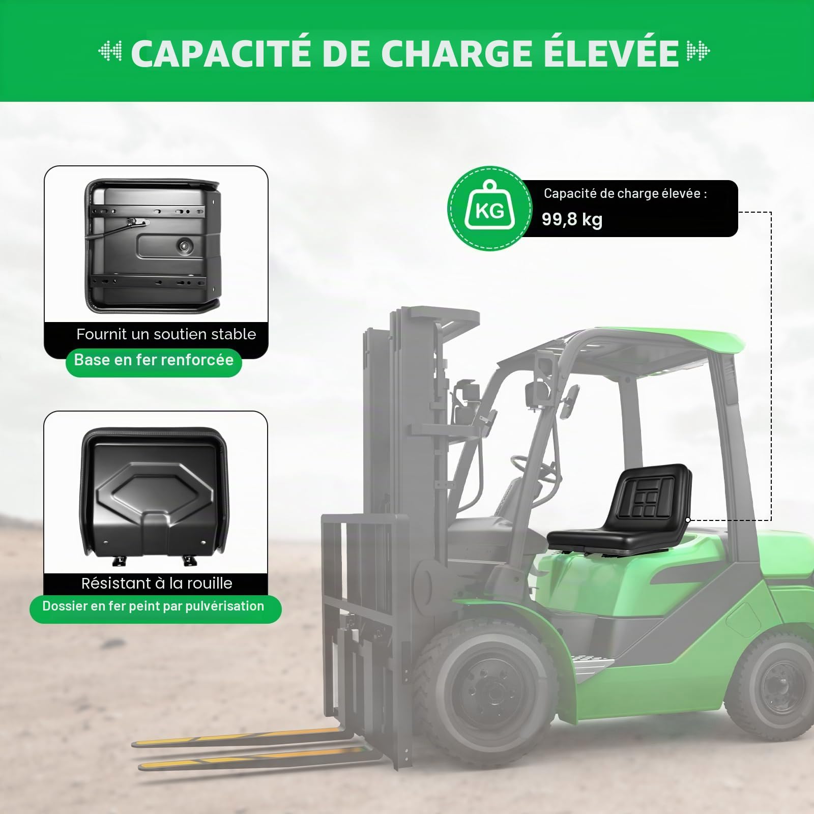 MINRS Siège de tracteur universel avec dossier en cuir PVC imperméable noir pour tracteur, chariot élévateur, pelleteuse, tondeuse à gazon et benne basculante