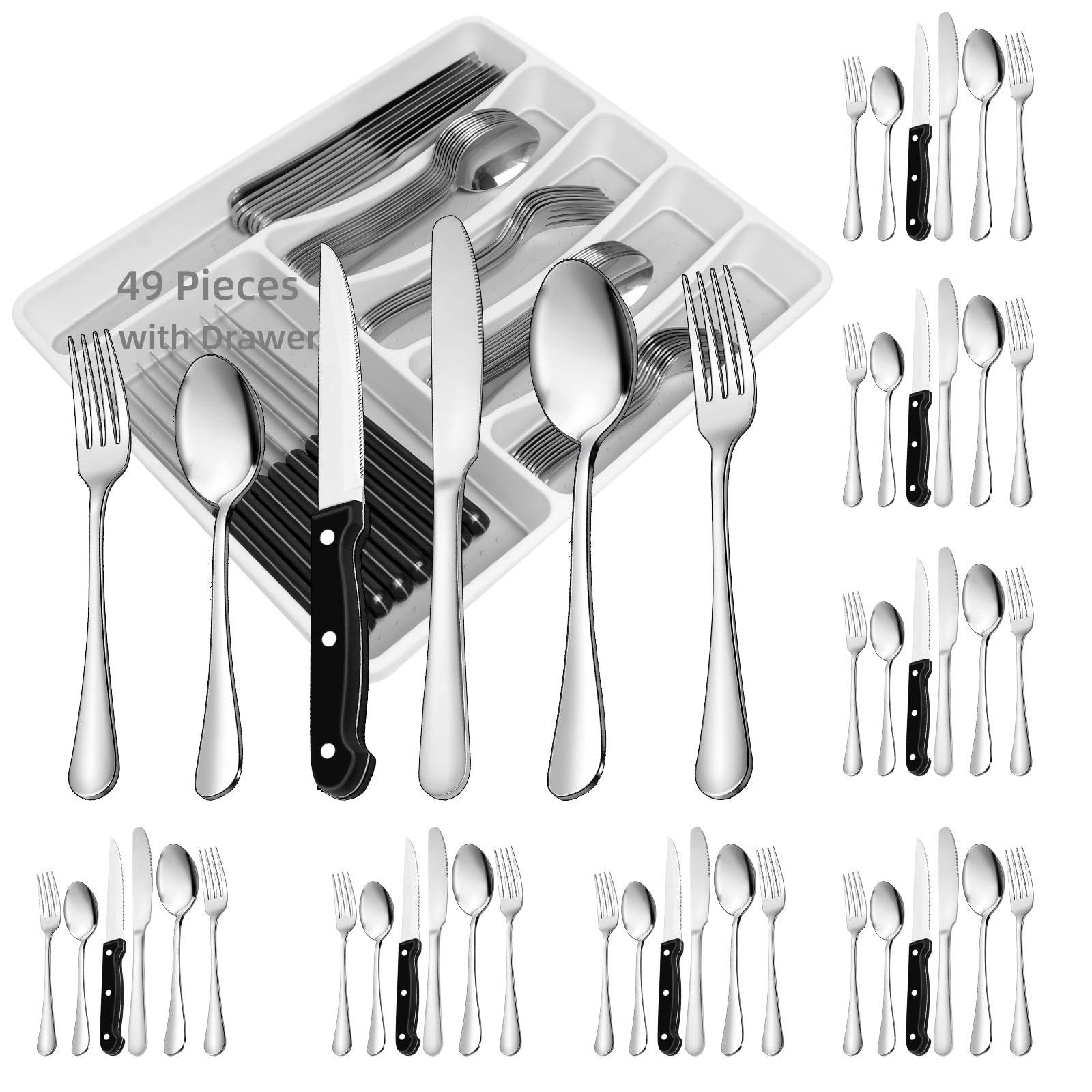 49PCS Silverware Set with Organizer, Durable Stainless Steel Flatware Drawer Cutlery Set for 8, Kitchen Utensils with Steak Knives Mirror Polished Dinner Knife Forks Spoons Tableware Service Tray