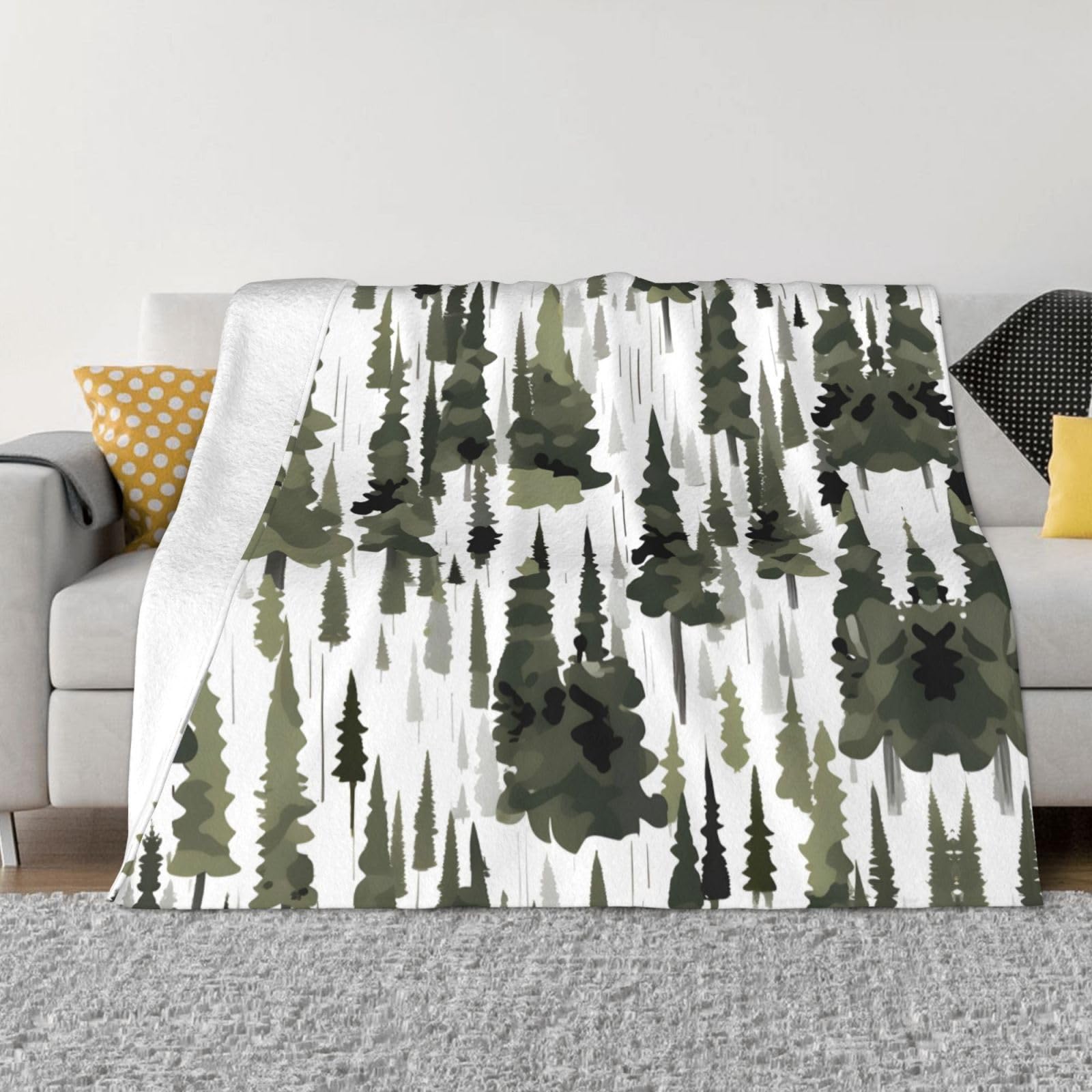 Plaid polaire motif arbre blanc couverture chaude pour soirées canapé et lit