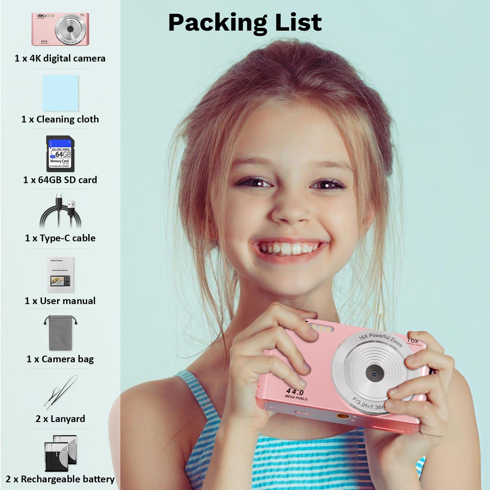 Kids Digital Camera 44MP FHD 1080P With 64GB SD Card - Point And Shoot Camera For Children