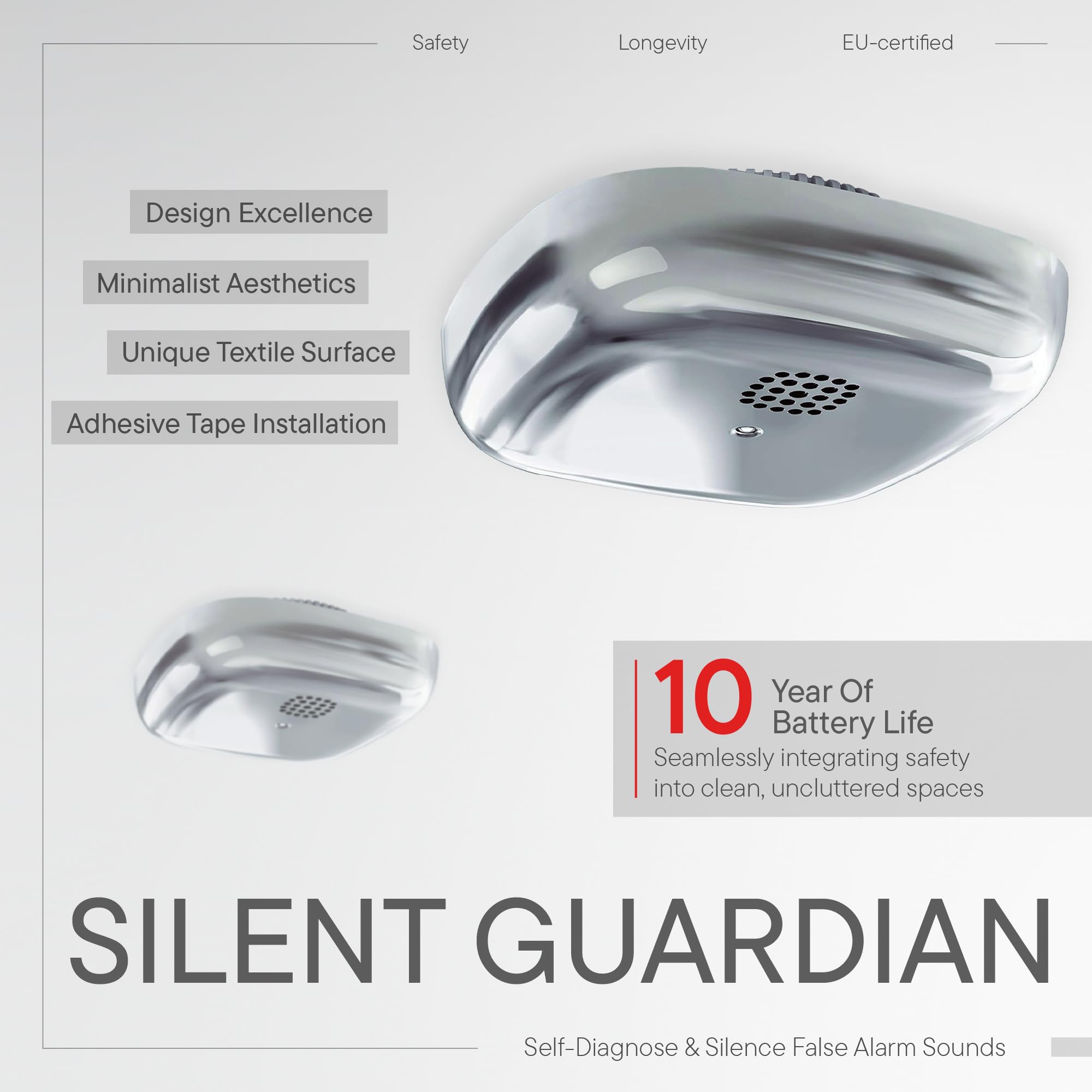 Kupu 10 fotoelektrycznym czujnikiem dymu - 10-letnią baterię litową - nagrodzany design - chrom