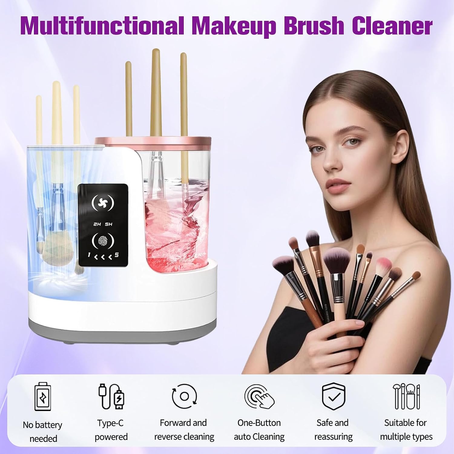 Electric Makeup Brush Cleaner, 3 IN 1 Automatic Brush Cleaning Machine with Cleaning & Drying, Portable USB Deep Cleaning Makeup Brush Dryer for All Size Beauty Makeup Brush Set (White)