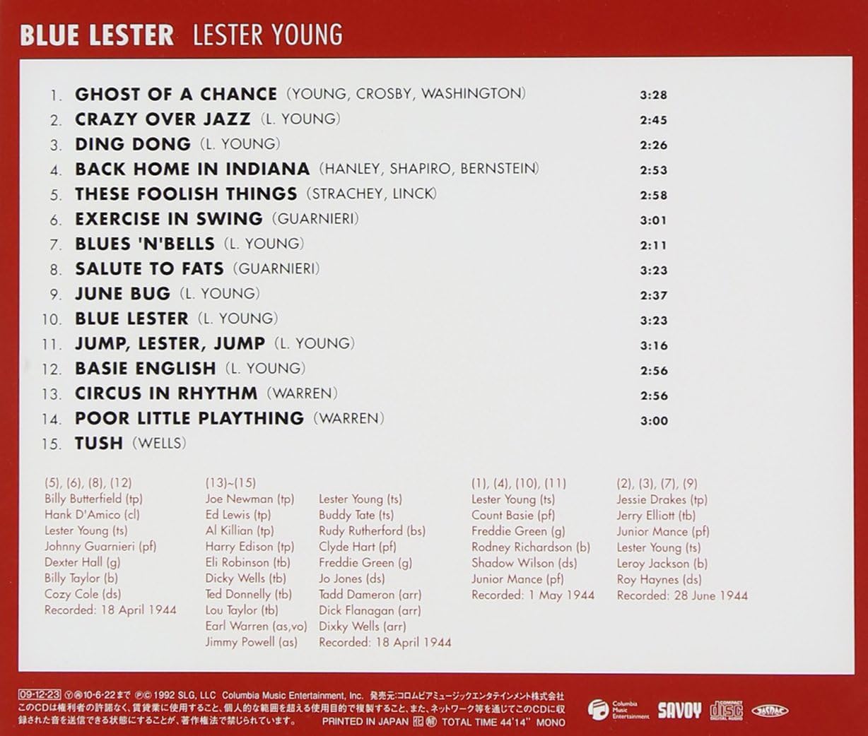 LESTER YOUNG - Blue Lester - Disque CD