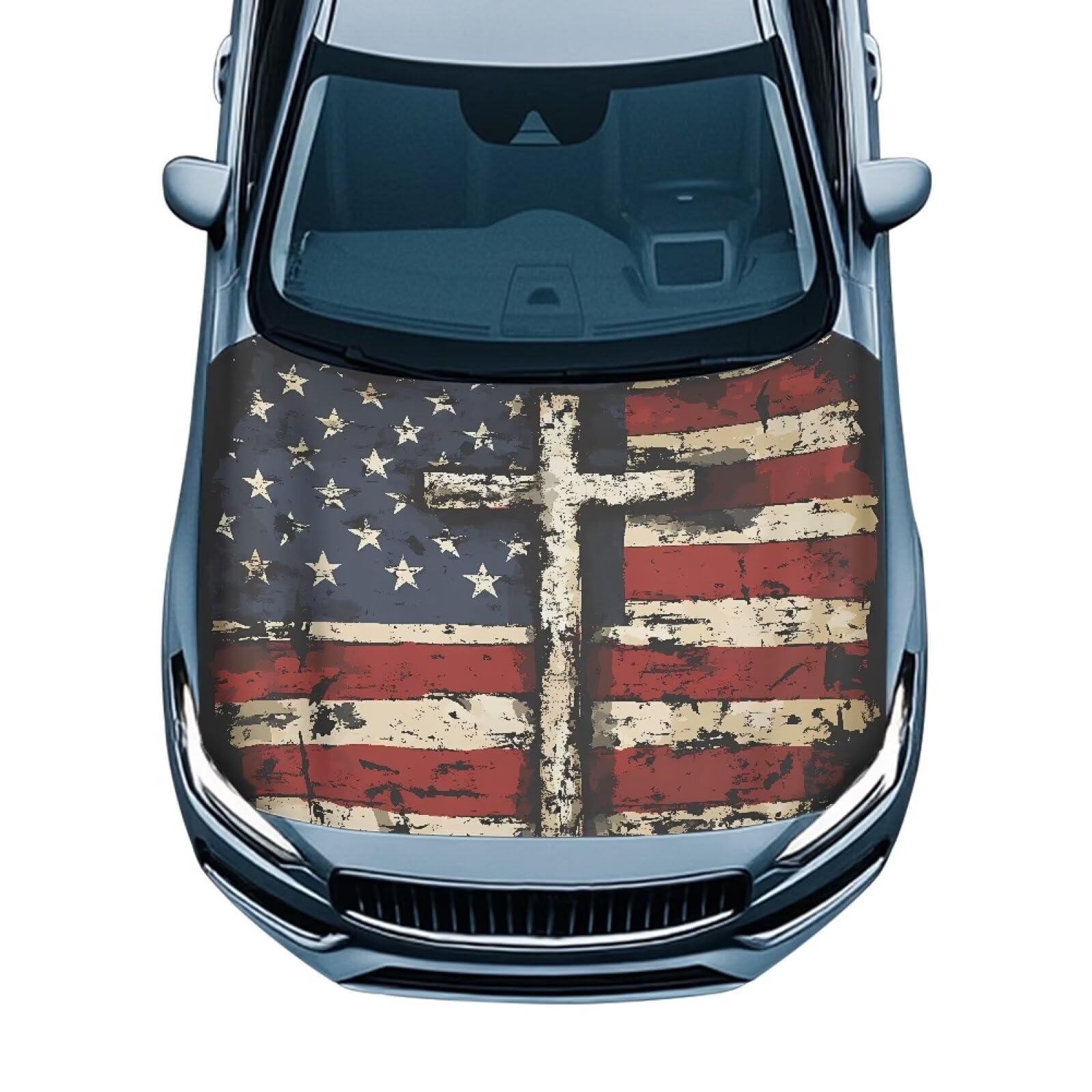 Cross Car Hood Cover Patriotic American Flag Car Front Hood Cover with Elastic Band Universal Car Bonnet Banner Auto Accessory Universal Fit for Most Cars Sedans, 4th of July
