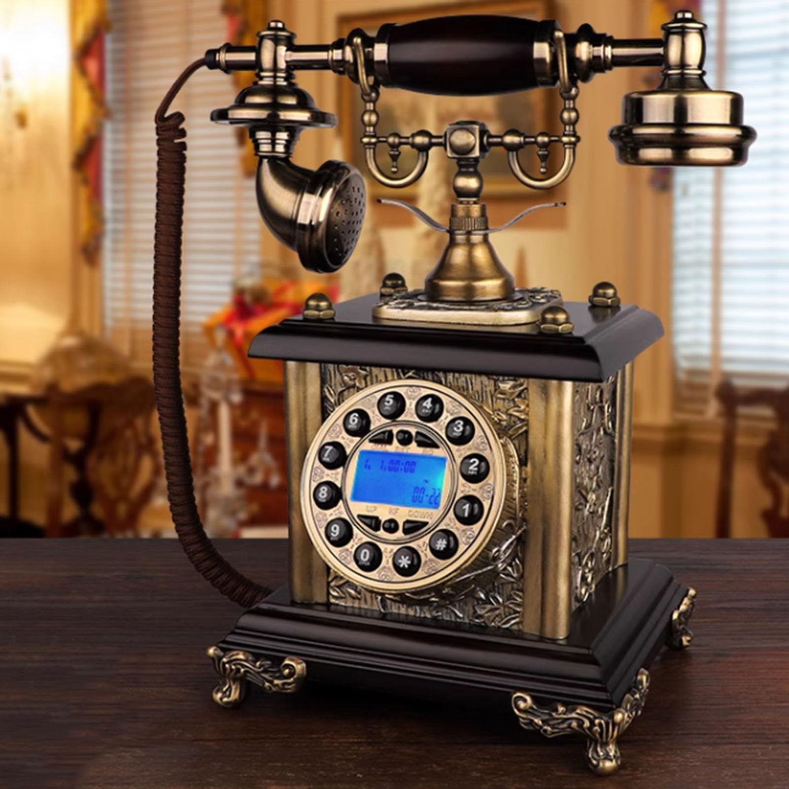 Telefon z przyciskiem Retro Drewniany telefon przewodowy Telefon stacjonarny Vintage Telefon stacjonarny Dekoracja domu/biura