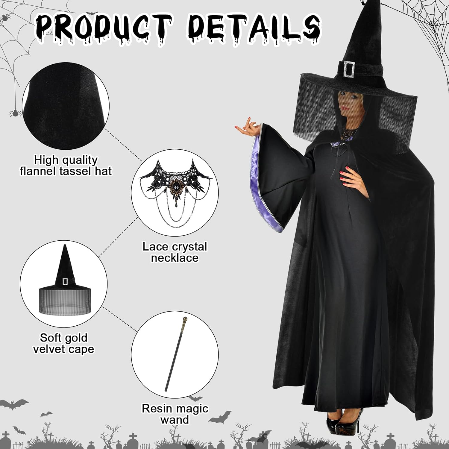 5 Pcs Halloween Witch Cosplay Costume for Women Wizard Cloak with Hat Nose Witch Hat Necklace Wand for Halloween Party Supplies - Image 3