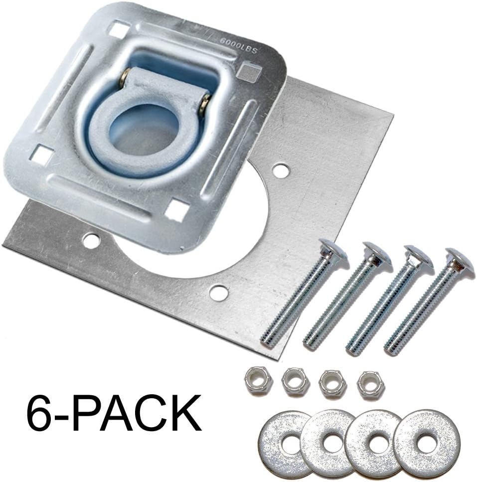 6-pack - Recessed Pan D-ring Trailer Tie Downs (6,000 Lb. Capacity) and Heavy Backer Plates, Including Mounting Hardware (Complete Set: 24 Carriage Bolts, Washers and Nylon Lock Nuts)