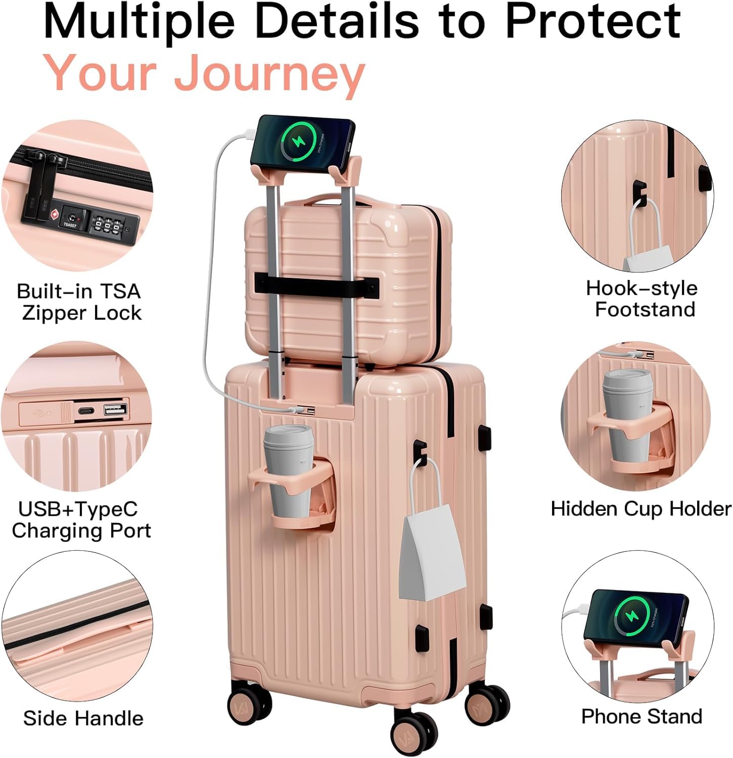 MYBOX Juego de equipaje de 2 piezas con equipaje de mano de 20 pulgadas y funda de viaje de 12 pulgadas, maleta rígida de policarbonato con ruedas giratorias, puerto USB, portavasos, gancho lateral