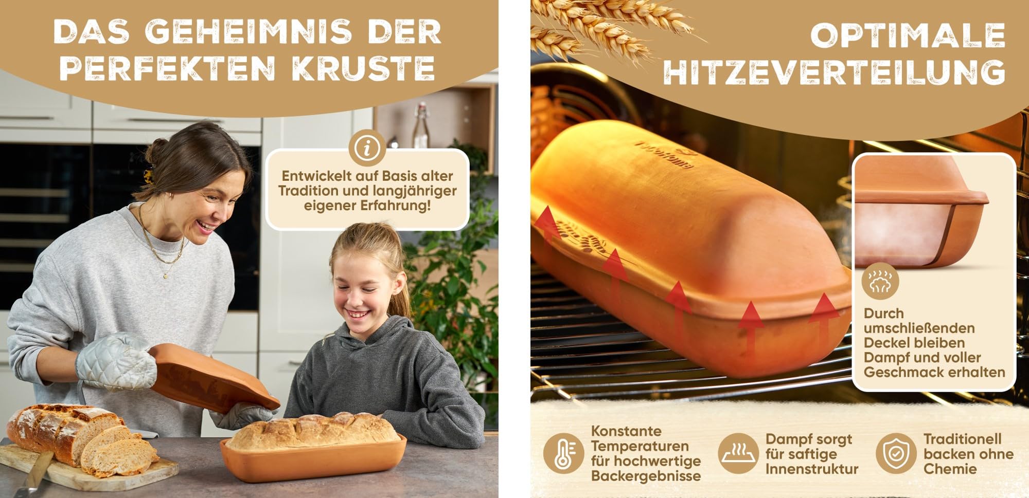 Brotbackform mit Deckel aus Naturton – Brotbacktopf & Brottopf zum Brot backen | Tontopf mit Deckel für knuspriges Brot wie vom Bäcker | Keramik Kastenform rechteckig für perfekte Backergebnisse