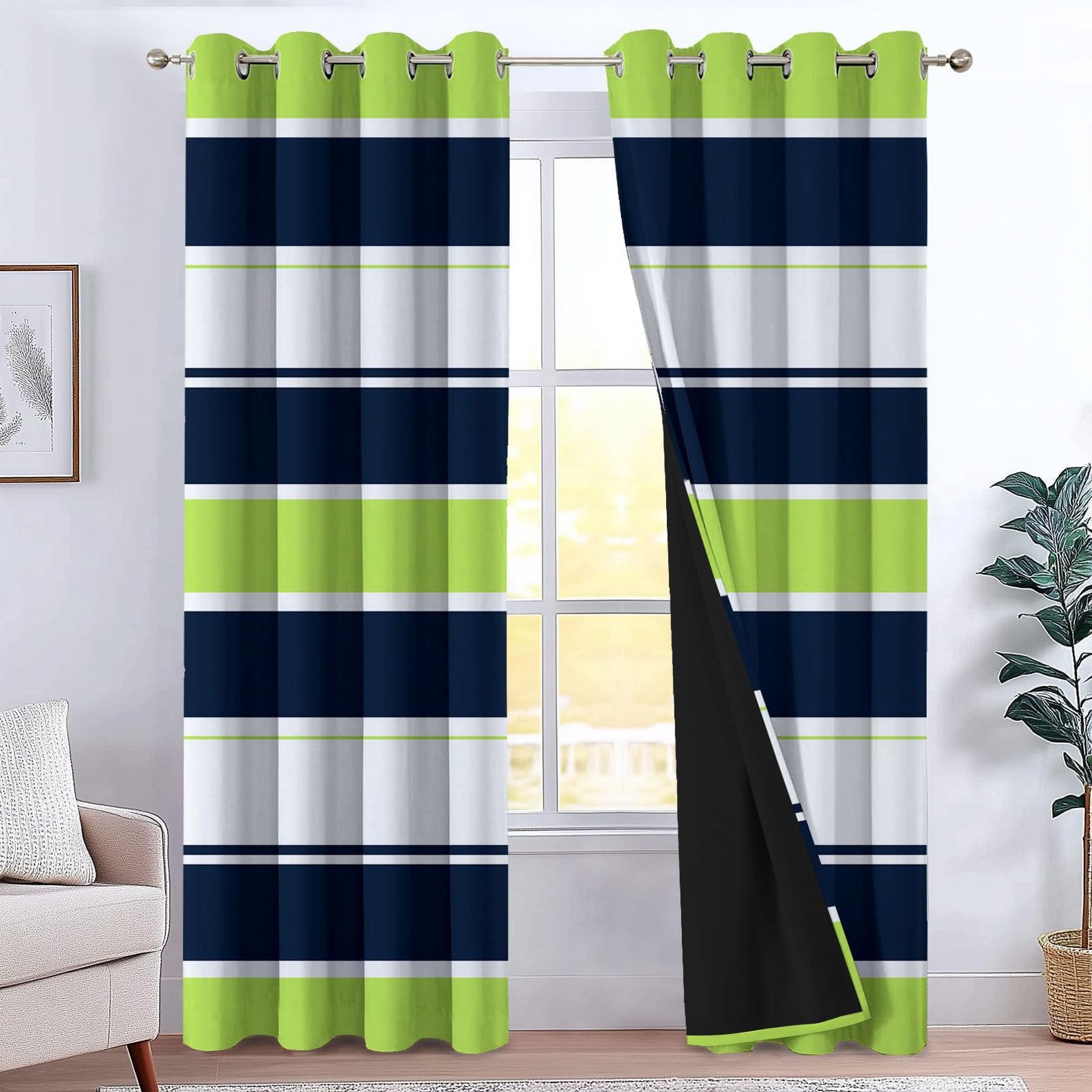 Geometrisches Streifenmuster Teal Blickdichte Vorhänge, Weiche Thermovorhang Gardinen mit Ösen, 2er Pack Verdunkelung Ösenschal für Wohnzimmer Schlafzimmer, H 260 x B 140 cm