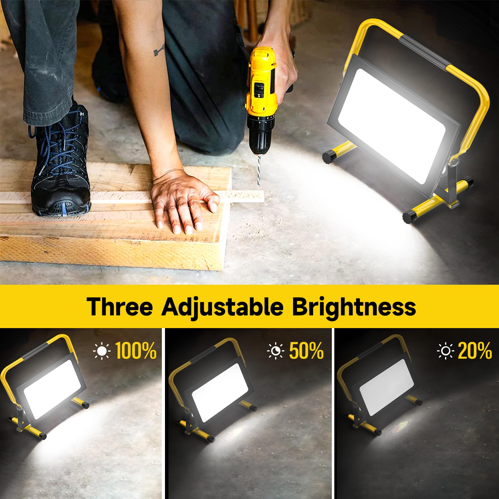 Viugreum Faretto da Cantiere 200W, Portatile LED da Lavoro, 20000LM LED da Cantiere, Impermeabile IP65 Faro LED Esterno con Spina e Staffa Pieghevole, Rotazione 360°, 3m di Filo, Luce Bianca 6500K
