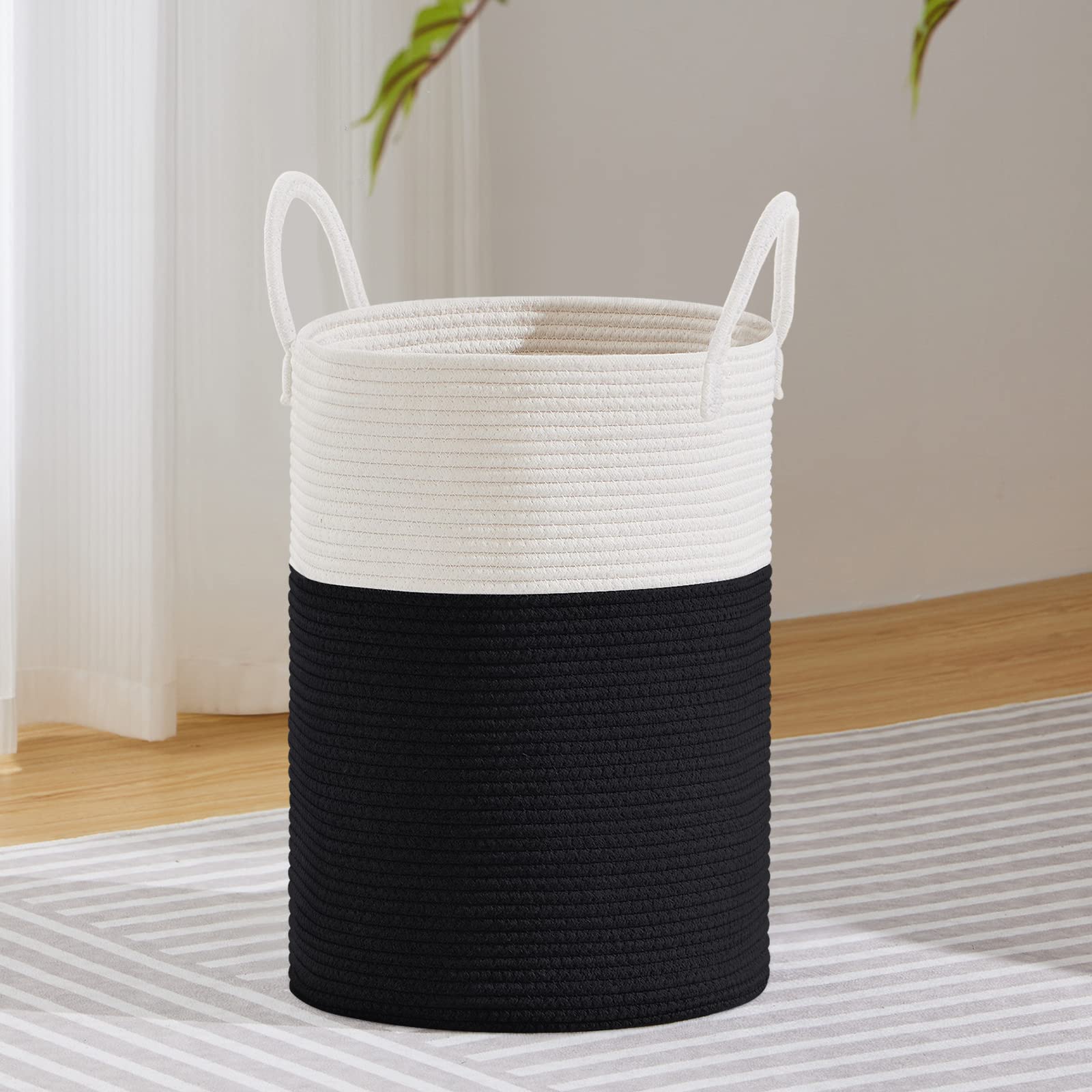 VIPOSCO Tall Laundry Hamper, Woven Rope Storage Basket for Blanket, Toys, Dirty Clothes in Living Room, Bathroom, Bedroom - 30L Black & White — image 1