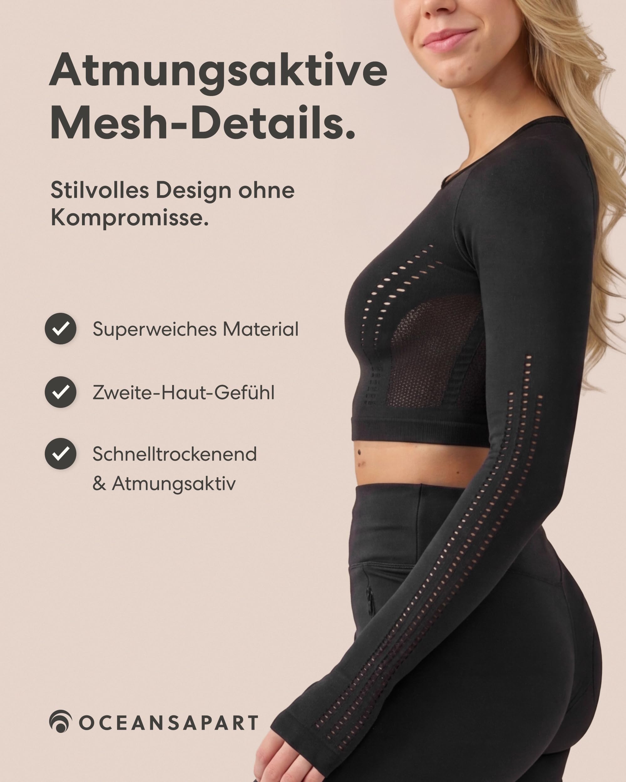 OCEANSAPART Beauty Longsleeve - Damen Langarm Crop Top Sport | Daumenlöcher & Mesh-Details – Nahtlos & Schnelltrocknend – Activewear für Yoga, Pilates & Gym