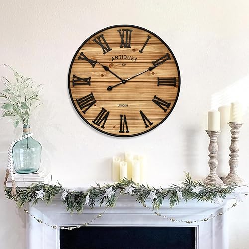 24 Inch Farmhouse Wall Clock - Antique Rustic Wood Finish, Silent Battery-Operated Timepiece with Stylish Decor for Home, Office, Kitchen, Bedroom &