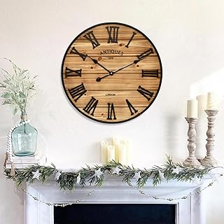 24 Inch Farmhouse Wall Clock - Antique Rustic Wood Finish, Silent Batter...