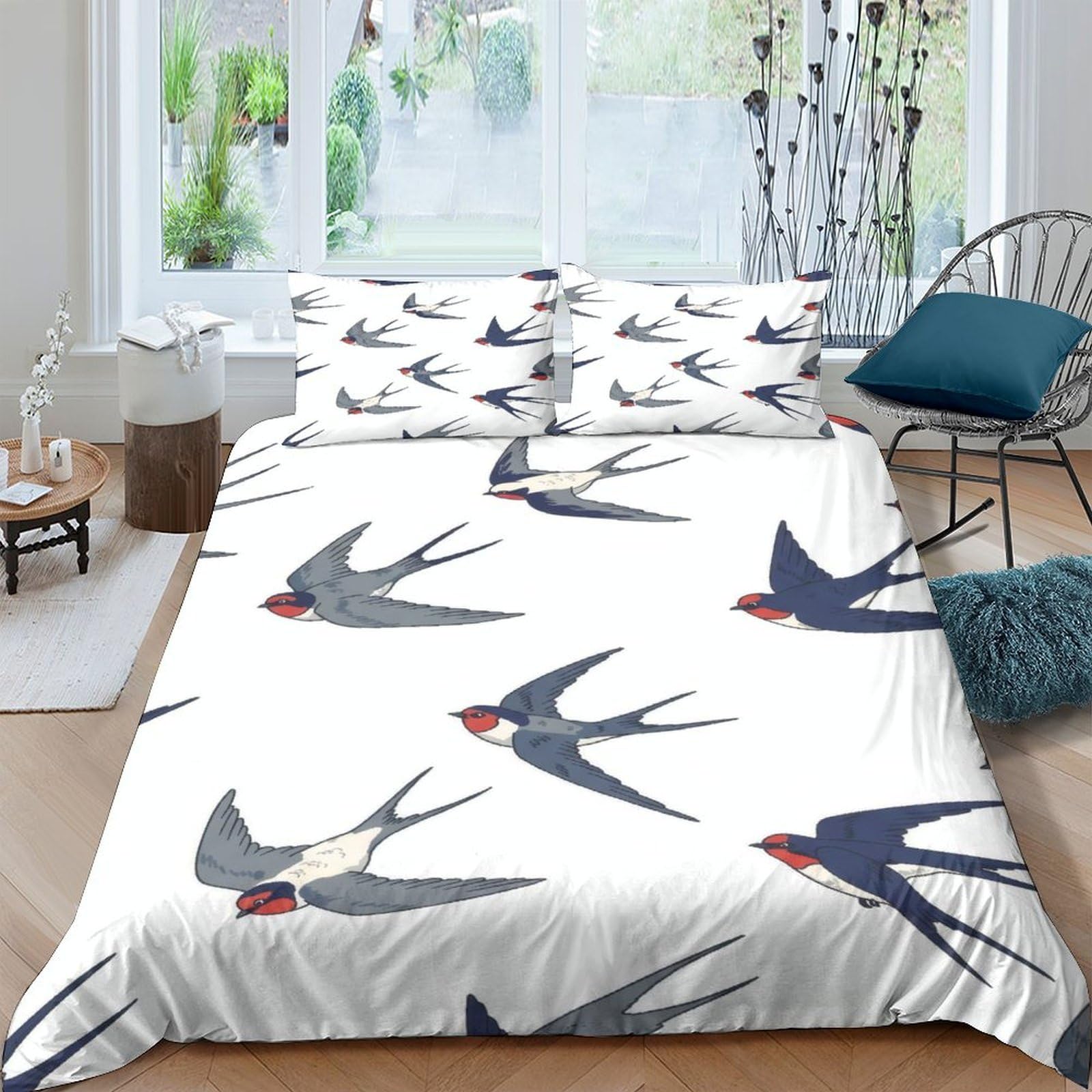 Ctjqhvkz Style-2 3D Printed Swallow Birds Fitted Sheet Microfiber Soft White Blue Bed Sheet Anti-Slip Bedding Cover For Bedroom Guest Room Single（135X200cm）