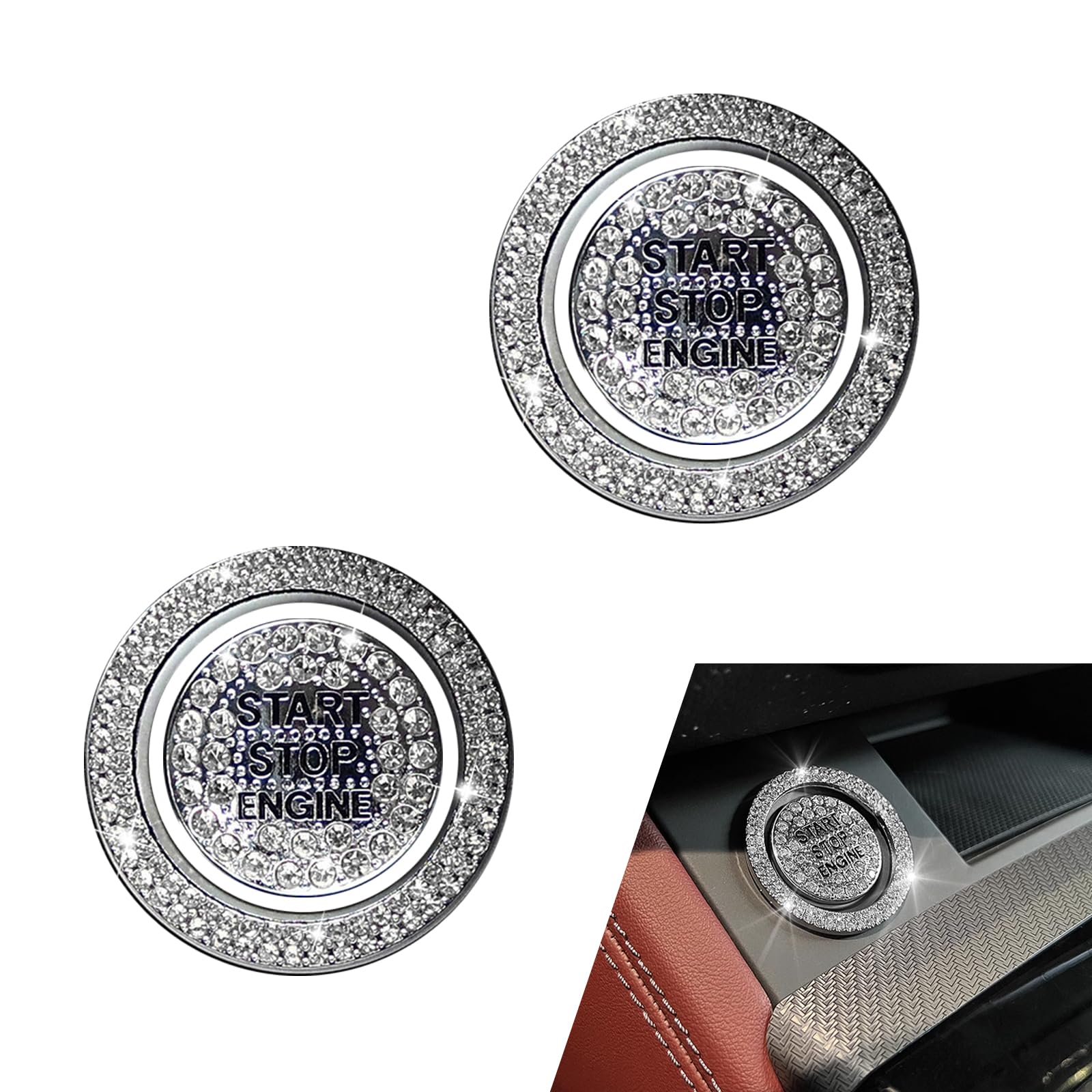 2 PCS Bling Car One-Touch Starter Ring Cover, Ignition Switch Protection Ring Cover Studded with Rhinestones, Personalized Decorative Accessories, Compatible with Most Car Models (White)