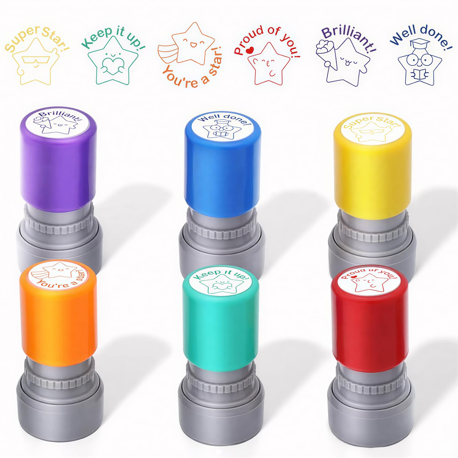 6-Piece Set of Teacher Stamp Teachers Self-Inking Rubber Stamps, Adorable Star Shaped Personalised Stamps for Student Grading, Encouragement and Classroom Activities, Fun Teacher Accessories(C)