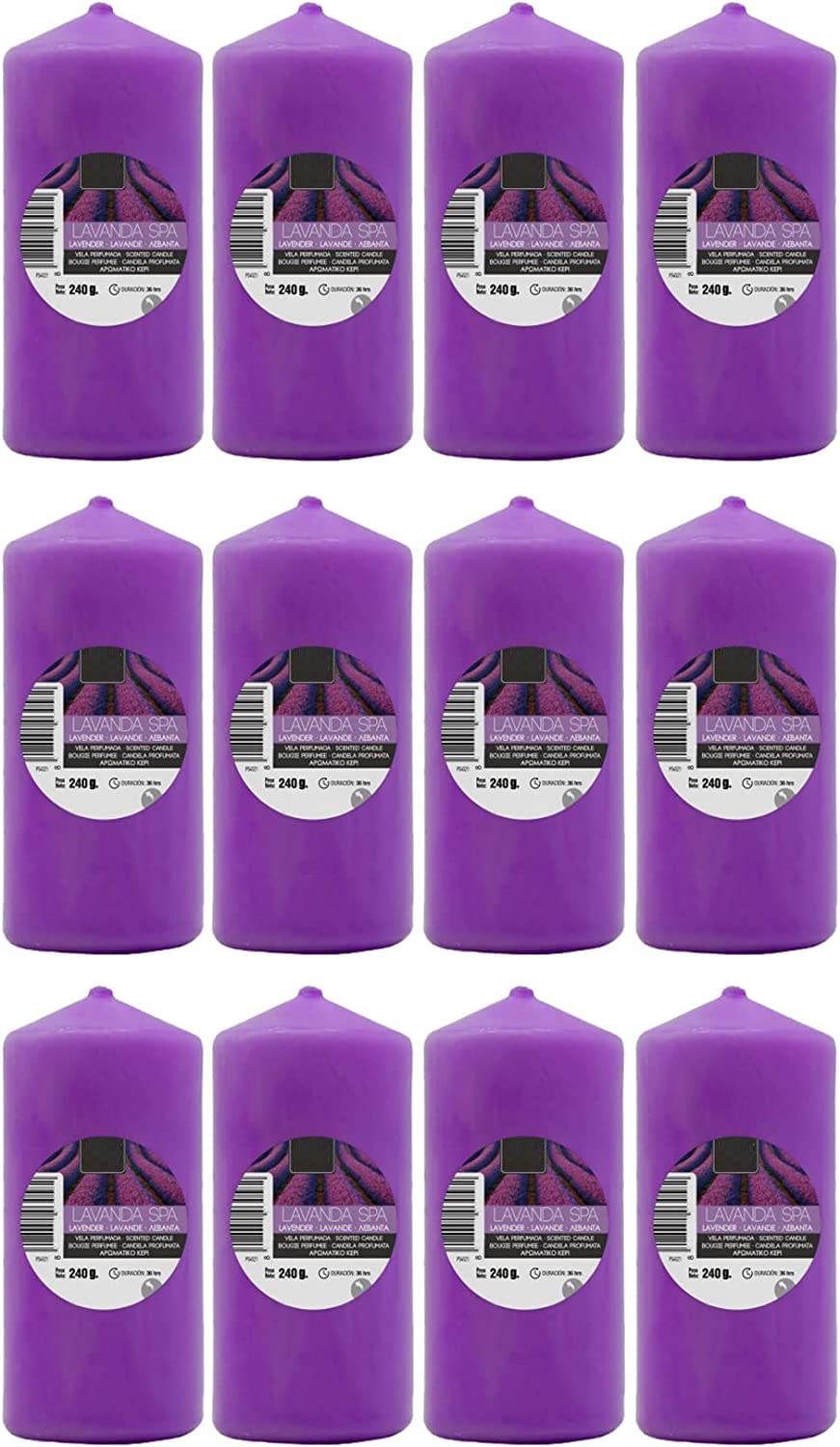 Velas Taco Aroma Lavanda Spa Perfumadas Grandes XXL 120 x 57 mm - Lote de 12 Unidades - Velones Aromáticos - Gran Duración y Delicado Aroma - 34-36 horas Duración - Aromaterapia por Velas