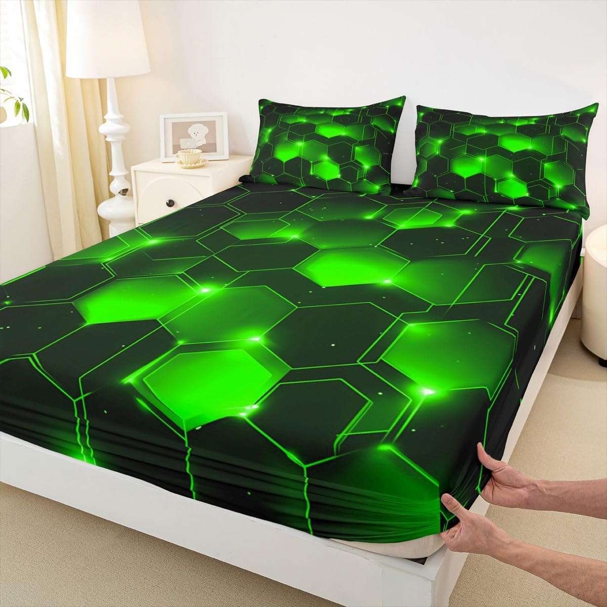Feelyou Geometrics Honeycomb Bed Sheets Set Kids Toddler Full, Beehive Geometric Sheet Set Honeycomb with Green Yellow Neon Lights Sheets with Deep Pocket Fitted Sheet Hexagonal Bedding Set Full Size