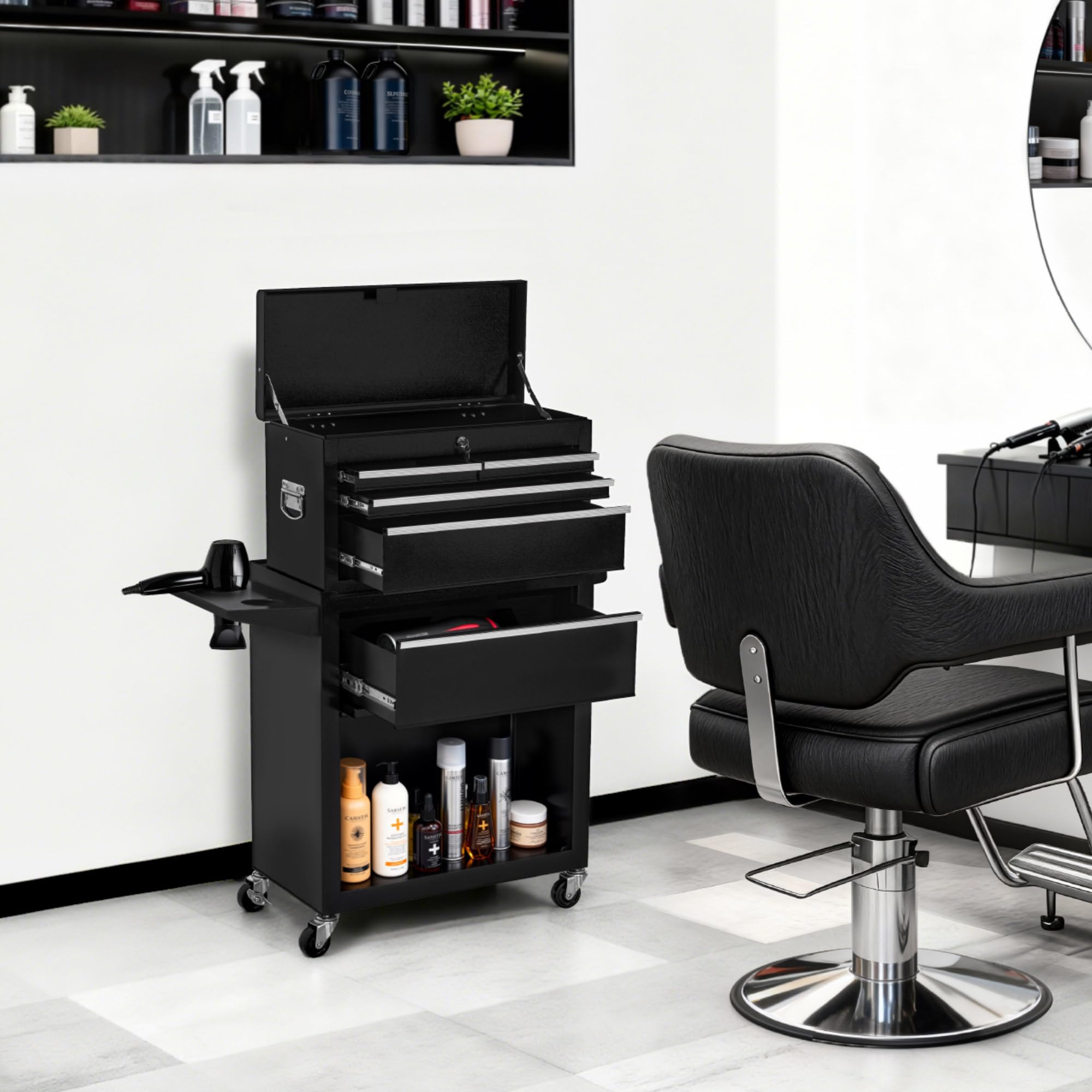 Chariot de Coiffure BarberPub 2 en 1 avec 5 tiroirs et Une Armoire, Chariot de Service avec 2 Supports pour sèche-Cheveux, Chariot de Travail de Coiffure verrouillable, 0097 (Noir-Argent)