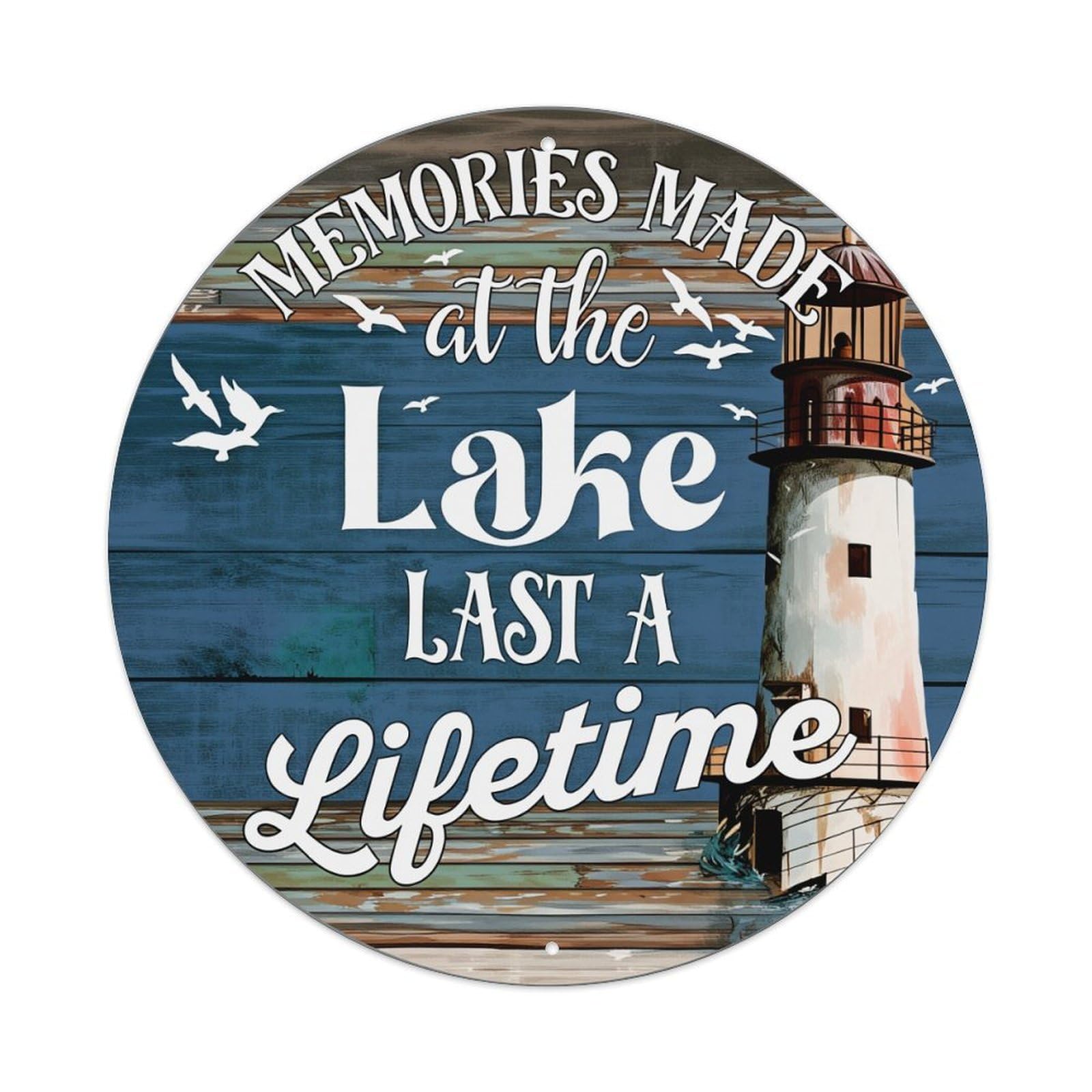 Jdfenggu Vintage Lighthouse Lake Birds Wood Planks Retro Metal Tin Sign, Metal Poster For Bar, Home, Man Cave, Kitchen, Laundry Room Art Decor 8X8 Inch
