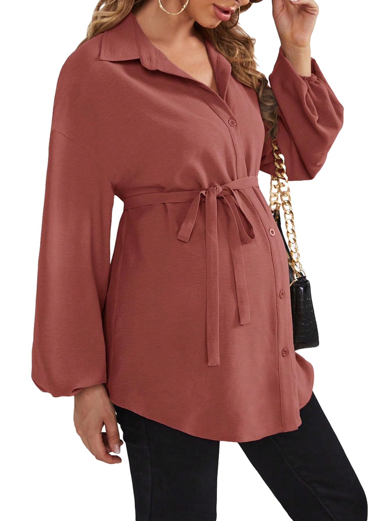 MAKEMECHIC Women's Maternity Blouse Long Sleeve Belted Button Down Casual Pregnancy Blouse Tops