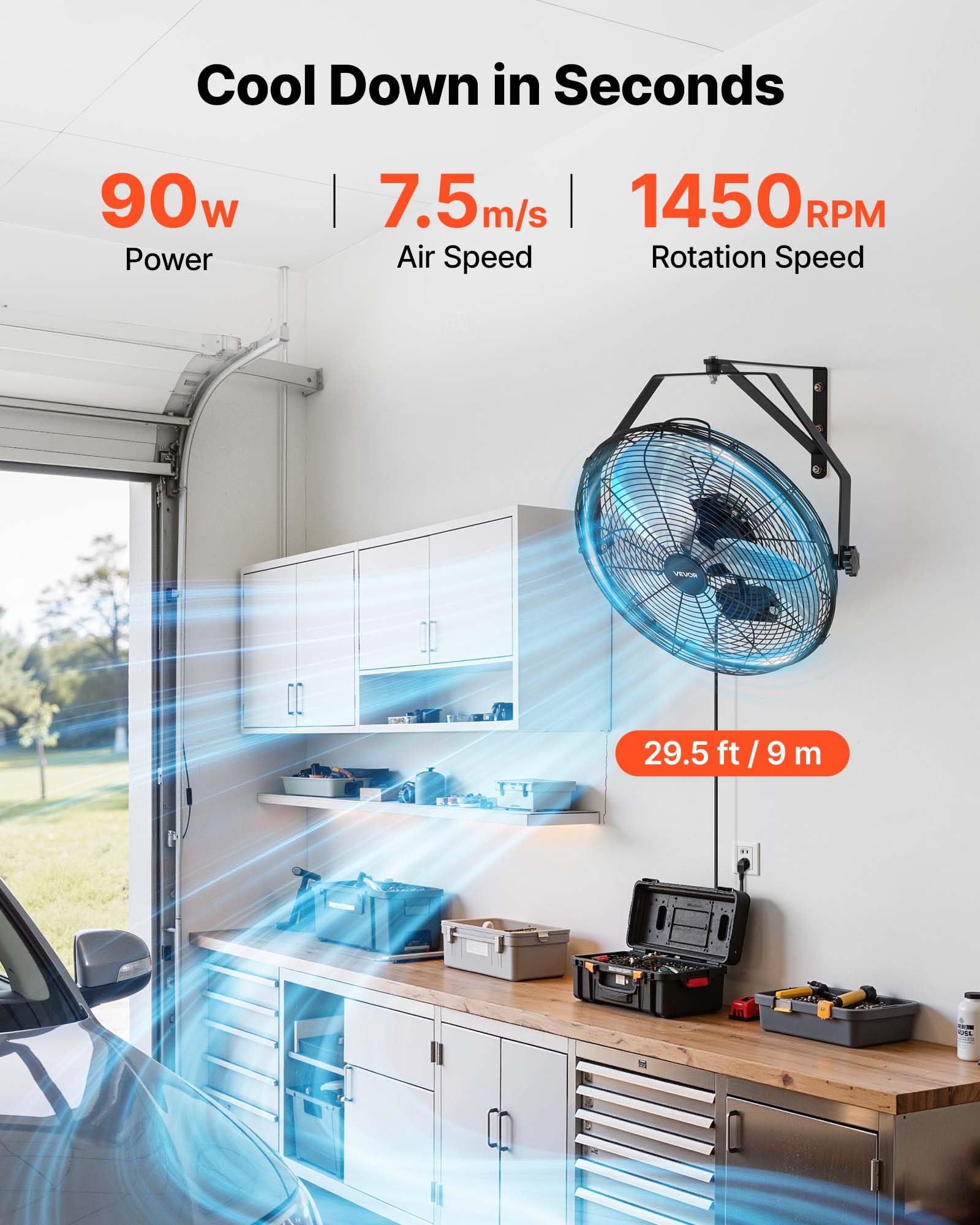 VEVOR Ventilador de Pared con 3 Velocidades, Aire de Flujo, Ángulo Ajustable, Motor de Cobre, Protección IP44, Ventilador Industrial Oscilante de Acero para Taller, Garaje, Gimnasio, Comercio, Almacén
