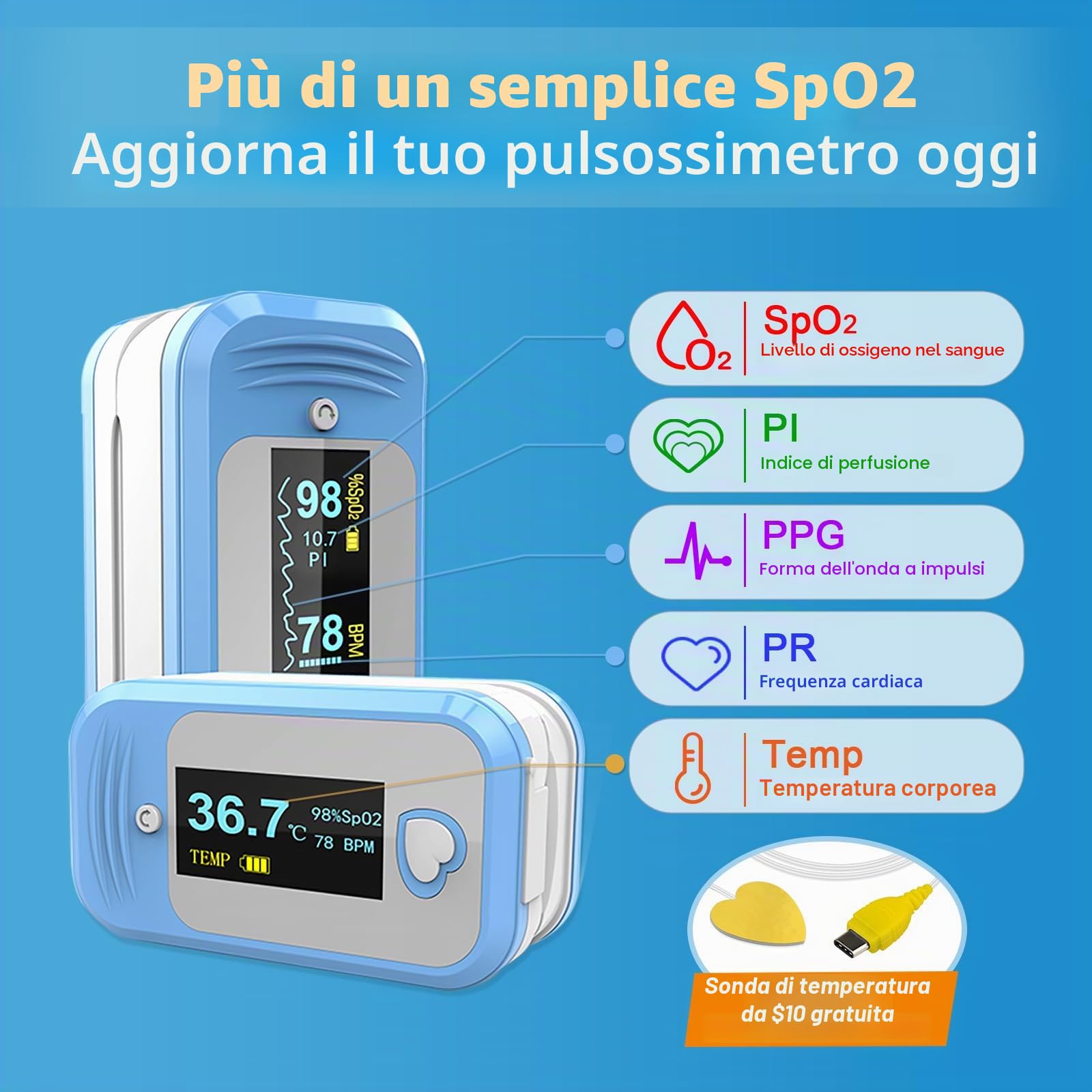 AM801 Saturimetro Da Dito Professionale Certificato, Ad Alta Precisione Per Misurare SpO₂, Temperatura, Frequenza Cardiaca, Indice Di Perfusione E PPG, Con Allarme, Uso Domestico E Clinico
