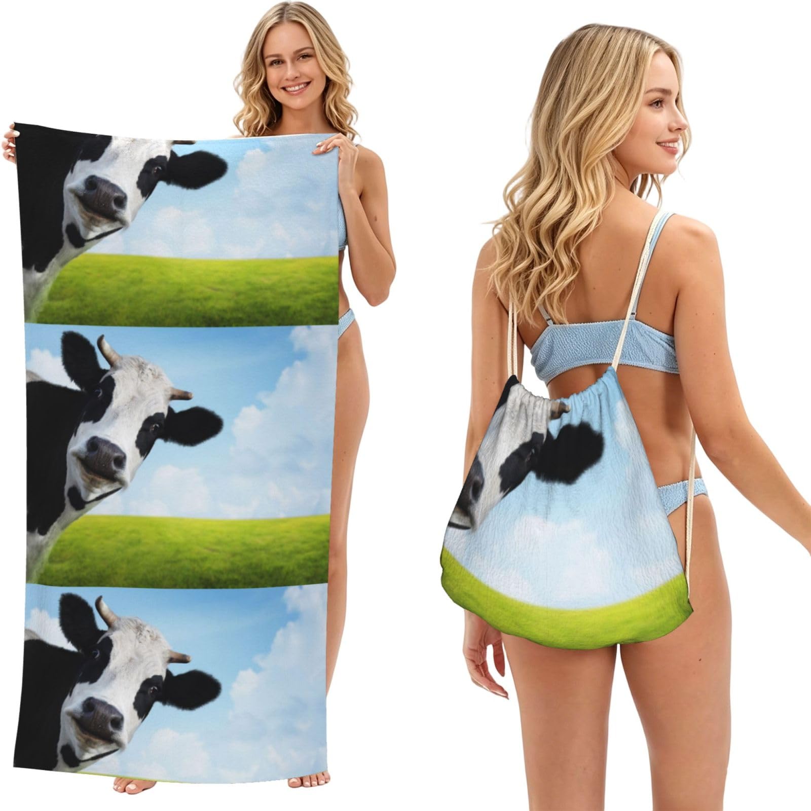Poadnly As Picture Funny Cow, 2 In 1 Packable Towel Bag, Beach Towels With Drawstring Backpack For Travel Holiday Camping