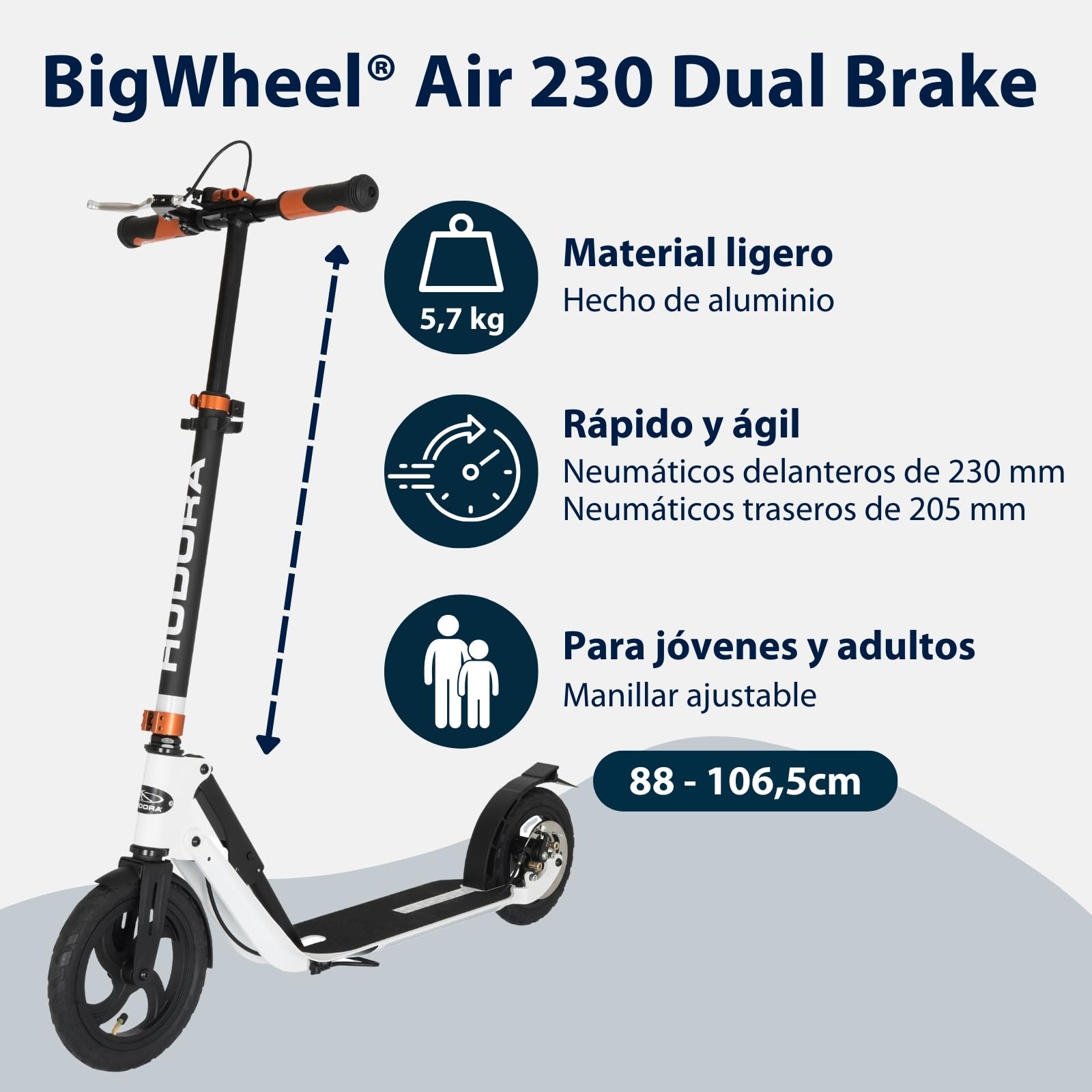 HUDORA Scooter BigWheel Air 230 - Patinete Urbano Ajustable y Plegable de Aluminio con Neumáticos de Aire para 120kg