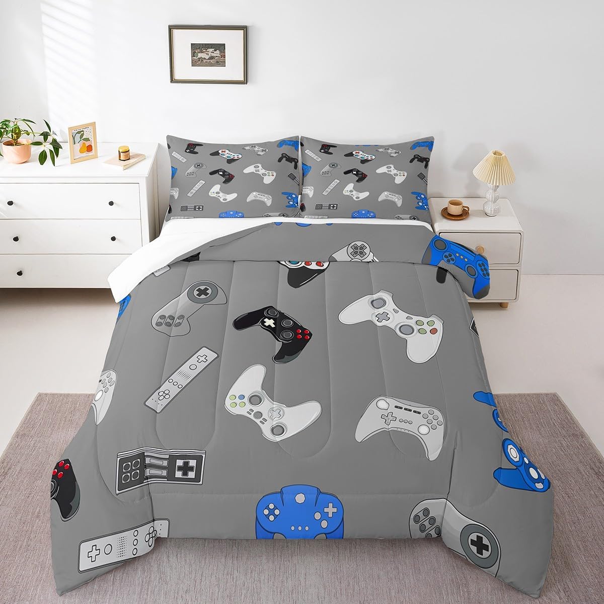 Feelyou Video Game Comforter Set Console Gamer Gray Bedding Set for Kids Boys Girls Various Gamepad Comforter Modern Game Controller Decor Quilt Set Bedroom Collection 3Pcs Queen Size,Reversible