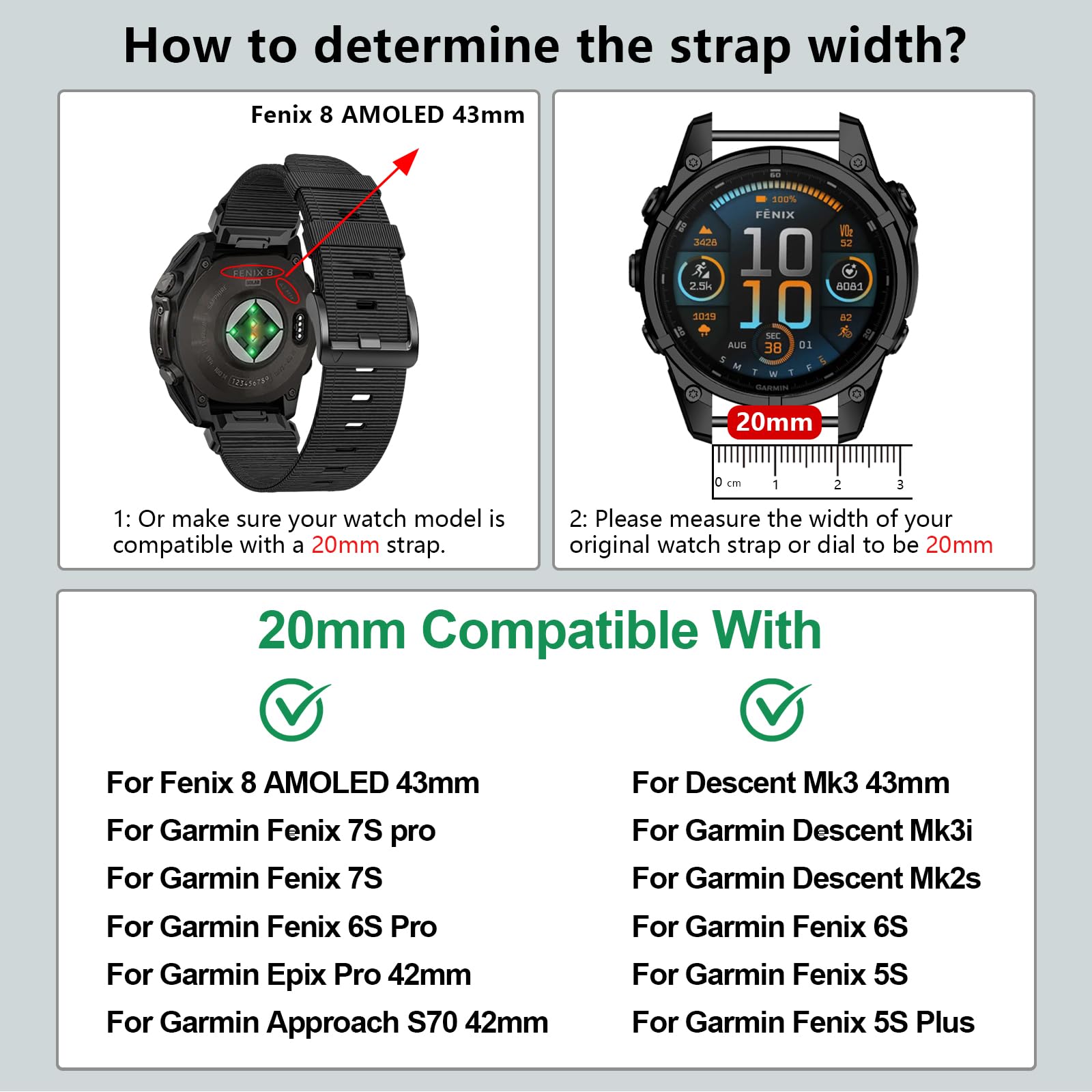 Quickfit - Correa de nailon compatible con Garmin Fenix 8 de 43 mm/Fenix 7S/7S Pro/6S/6S Pro/5S/5S Plus, correas de repuesto de 20 mm para Garmin Epix Pro 42mm/Descent Mk3i 43mm/Approach S70